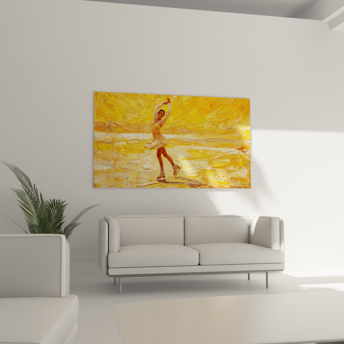 Silhouette gracieuse en patins blancs, jaune et ocre vibrants, au-dessus d'un canapé dans un salon lumineux