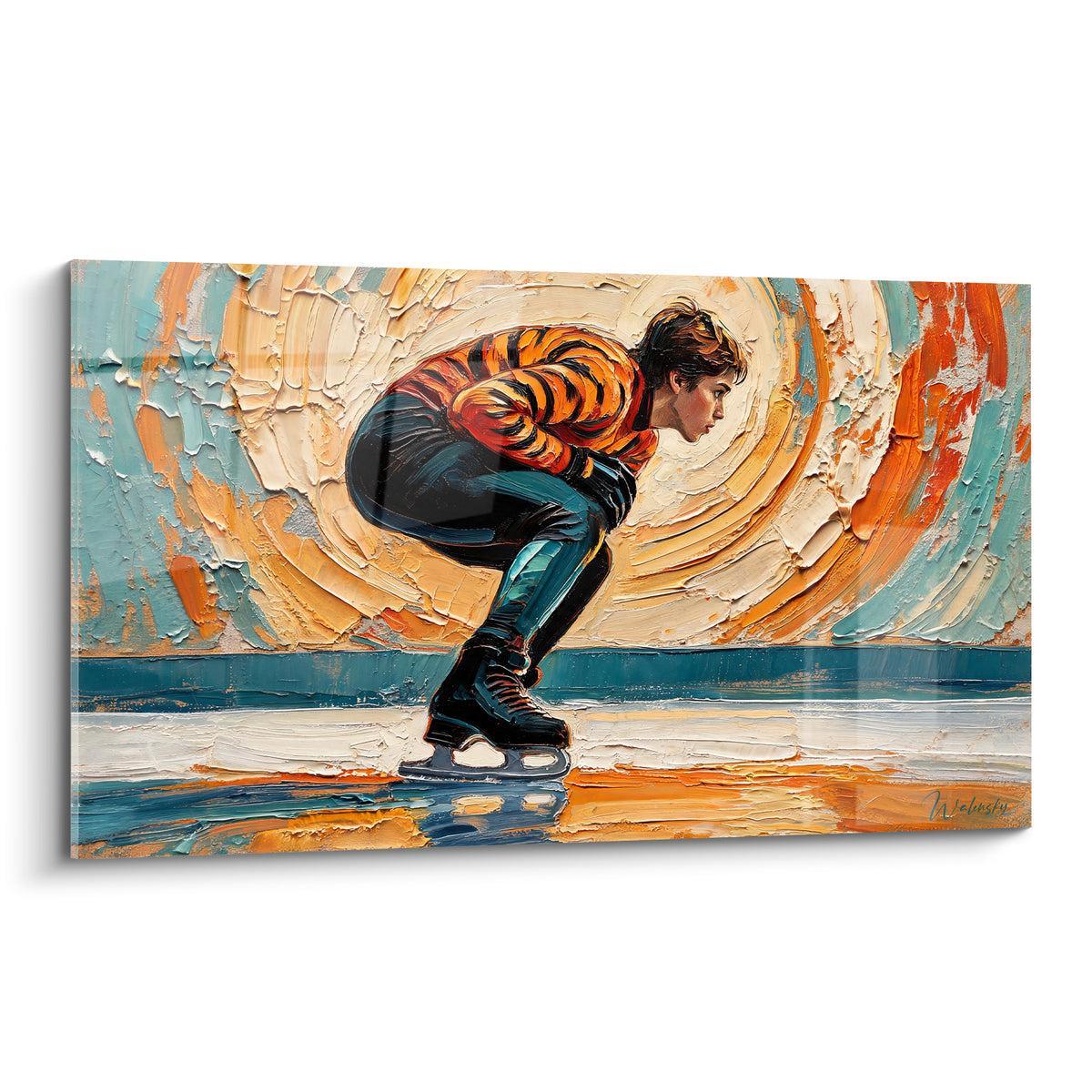 Patineur accroupi en maillot orange et anthracite, fond tourbillonnant terracotta et turquoise, empâtements épais