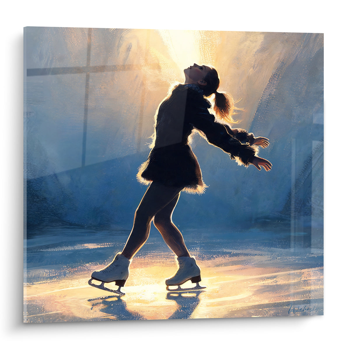 Patineuse artistique cambrée en robe noire, lumière dorée et fond bleu glacé texturé