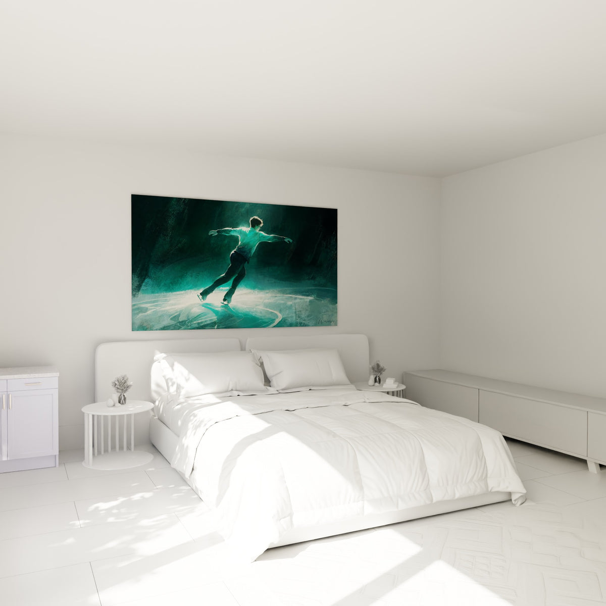 Silhouette élancée en glisse turquoise et anthracite au-dessus d'un lit dans une chambre claire