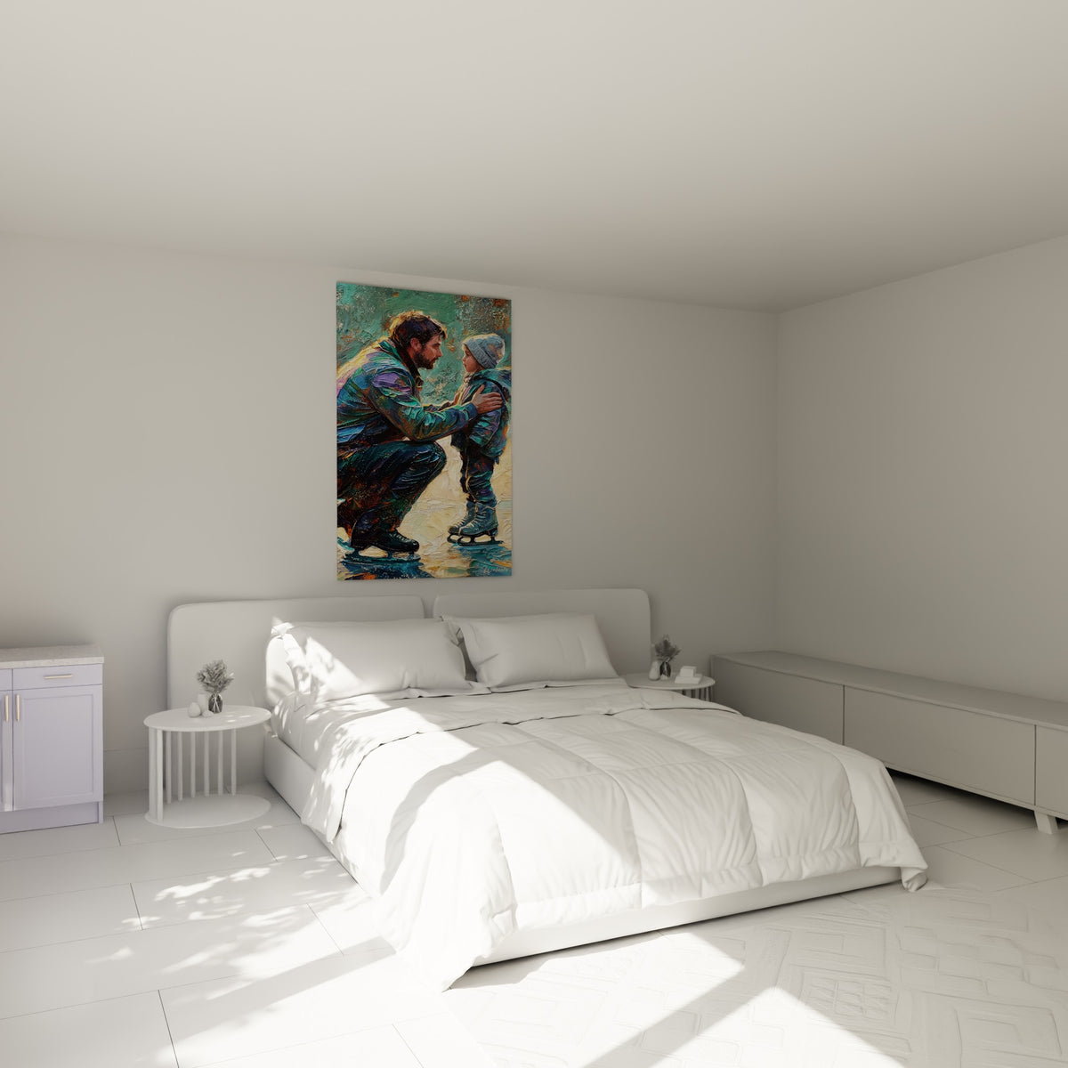 Instant père-enfant en patinage artistique, tons turquoise et ambre, accroché au-dessus d'un lit dans une chambre claire