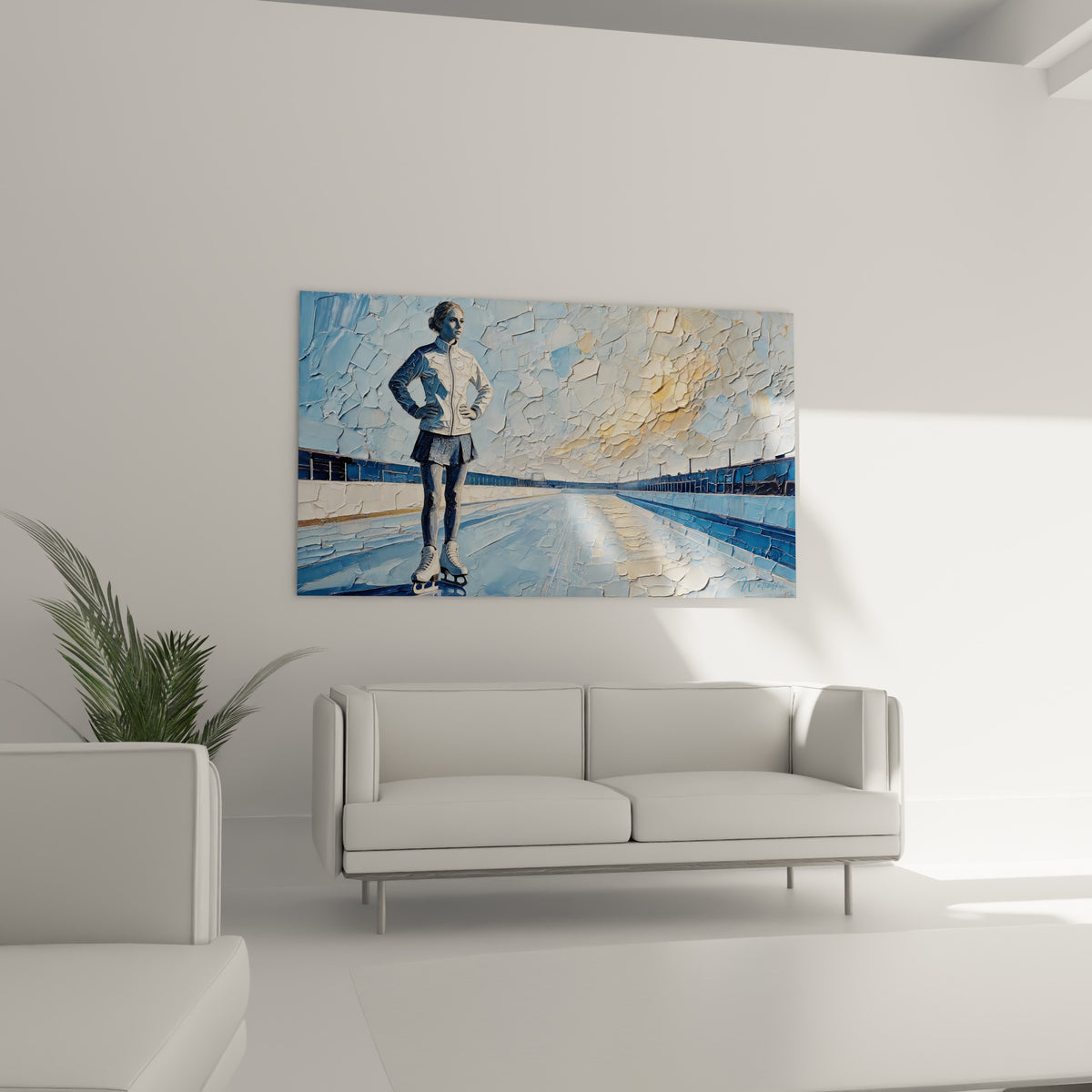 Figure de patinage artistique en blanc et bleu marine, suspendue au-dessus d'un canapé dans un salon lumineux