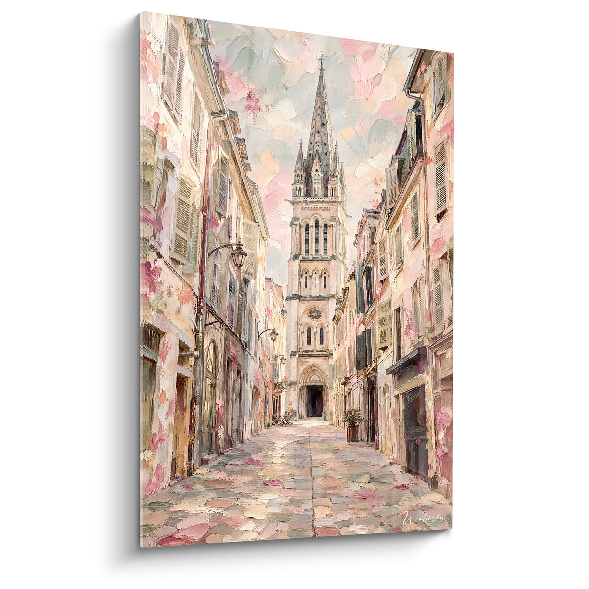 Église gothique rose et beige dominant une ruelle pavée aux teintes pastel, style impressionniste