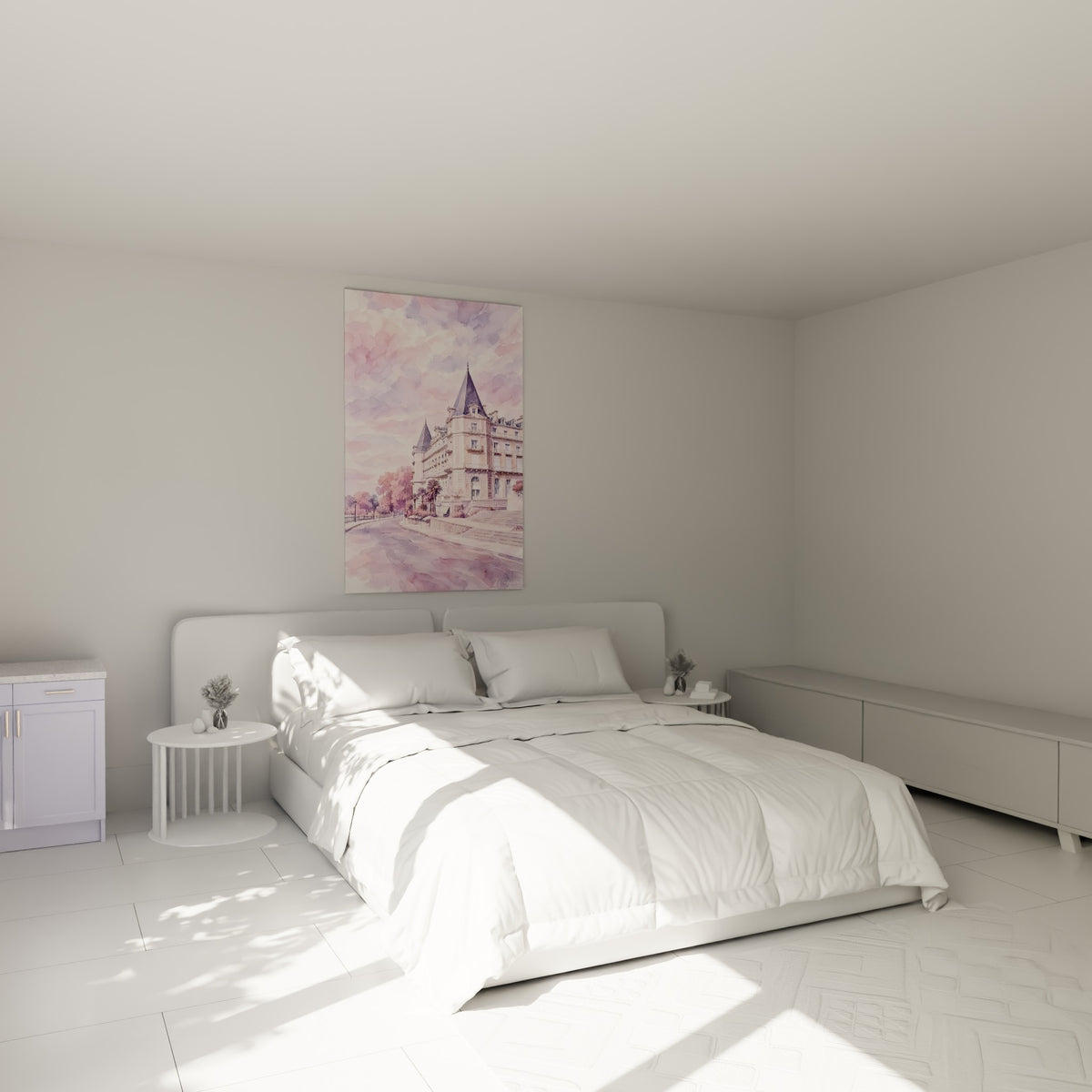 Édifice historique rose pastel et lavande accroché au-dessus d'un lit dans une chambre claire