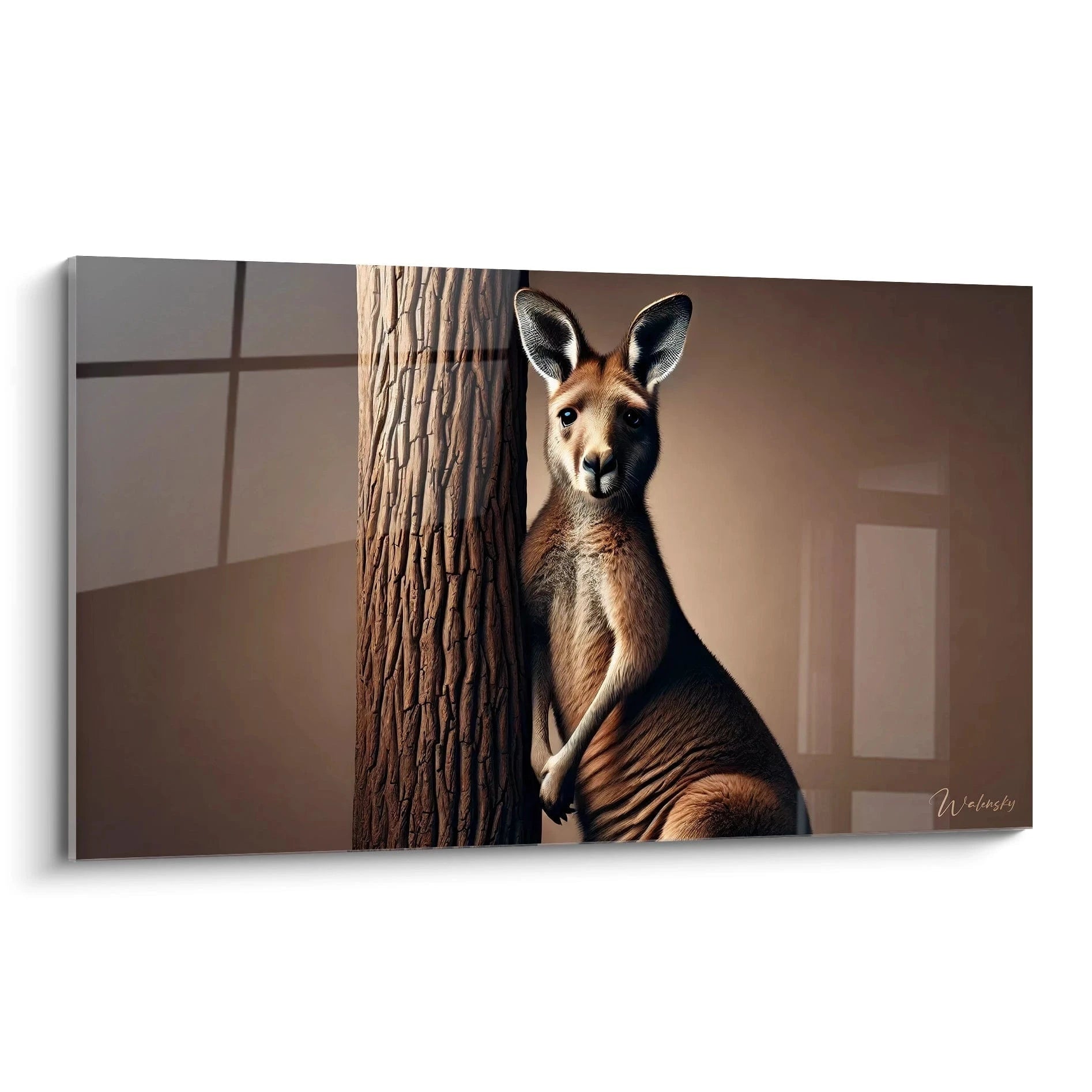 tableau kangourou vue de biais. Découvrez chaque détail de la fourrure et de l'écorce dans cette œuvre réaliste. Un moment de paix capturé, parfait pour reconnecter avec la nature dans votre intérieur.