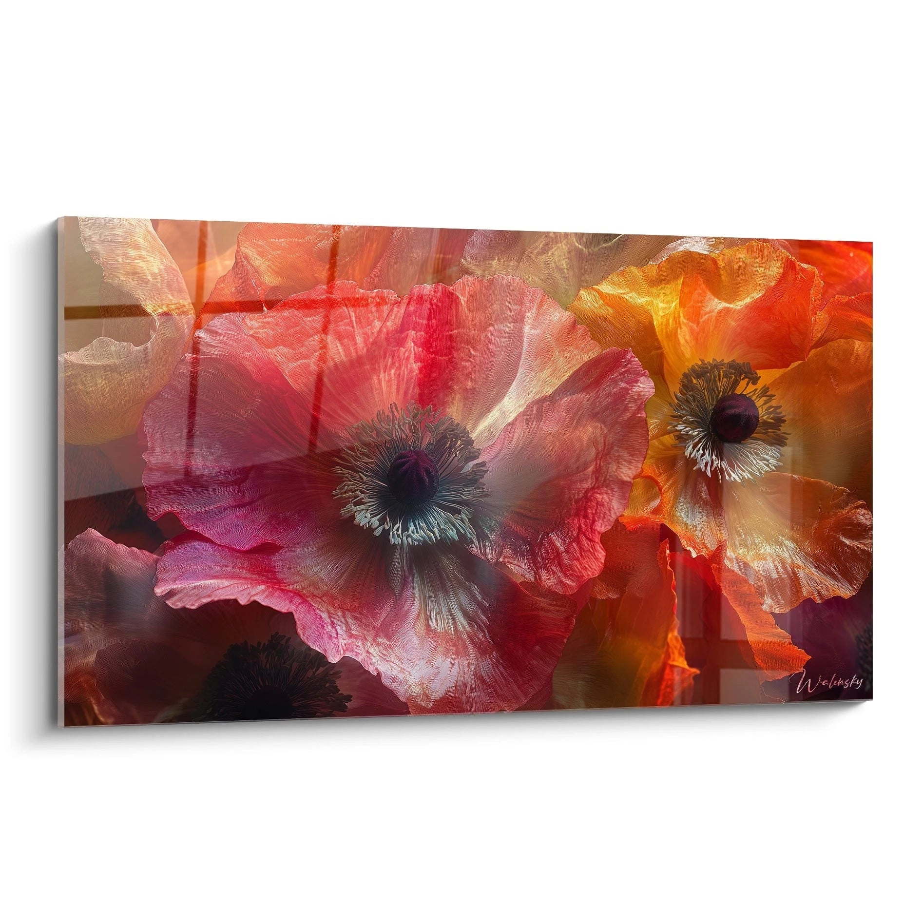 Un tableau Pavot nature illustrant des fleurs aux pétales rouges, oranges et dorés, avec des textures soyeuses et un effet de lumiÚre subtile sur un fond légÚrement estompé.