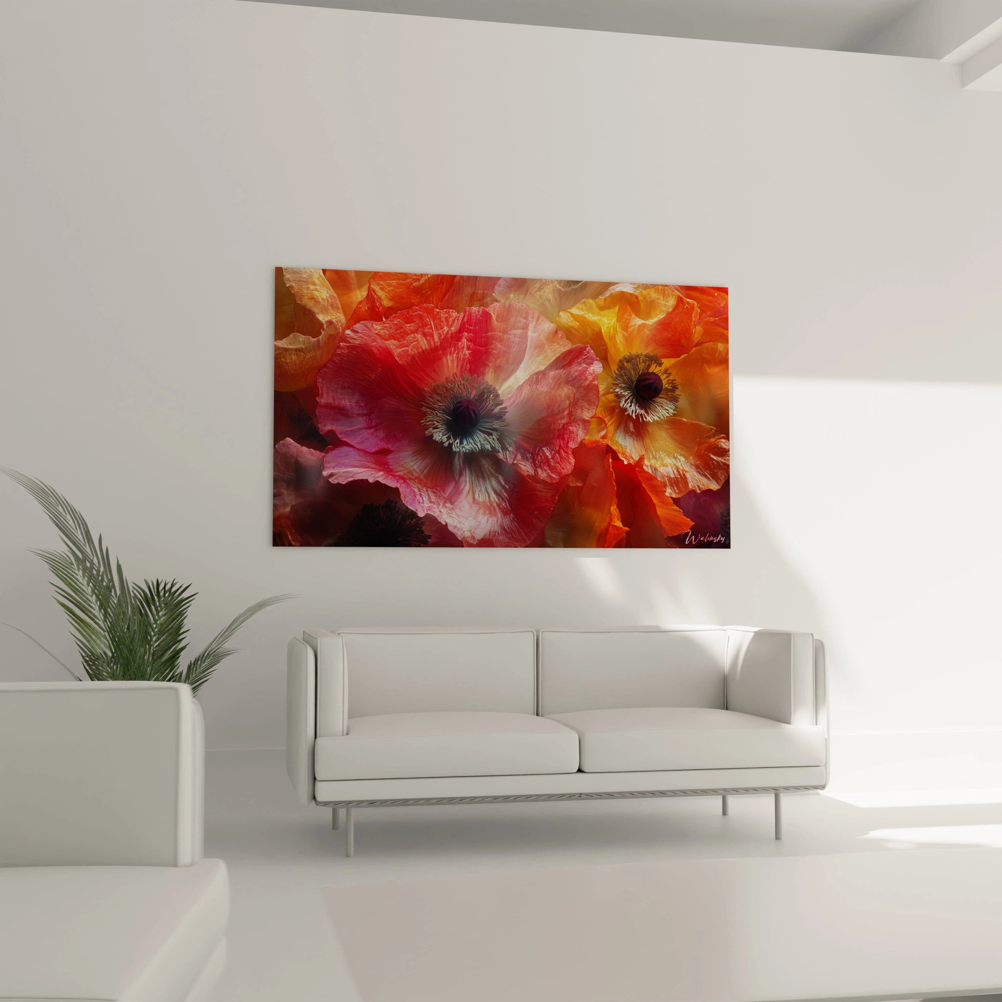 Un tableau Pavot nature composĂ© de pavots en gros plan, aux nuances chaudes de rouge et dâor, avec des reflets lumineux et des contours lĂ©gĂšrement flous pour un effet de profondeur.