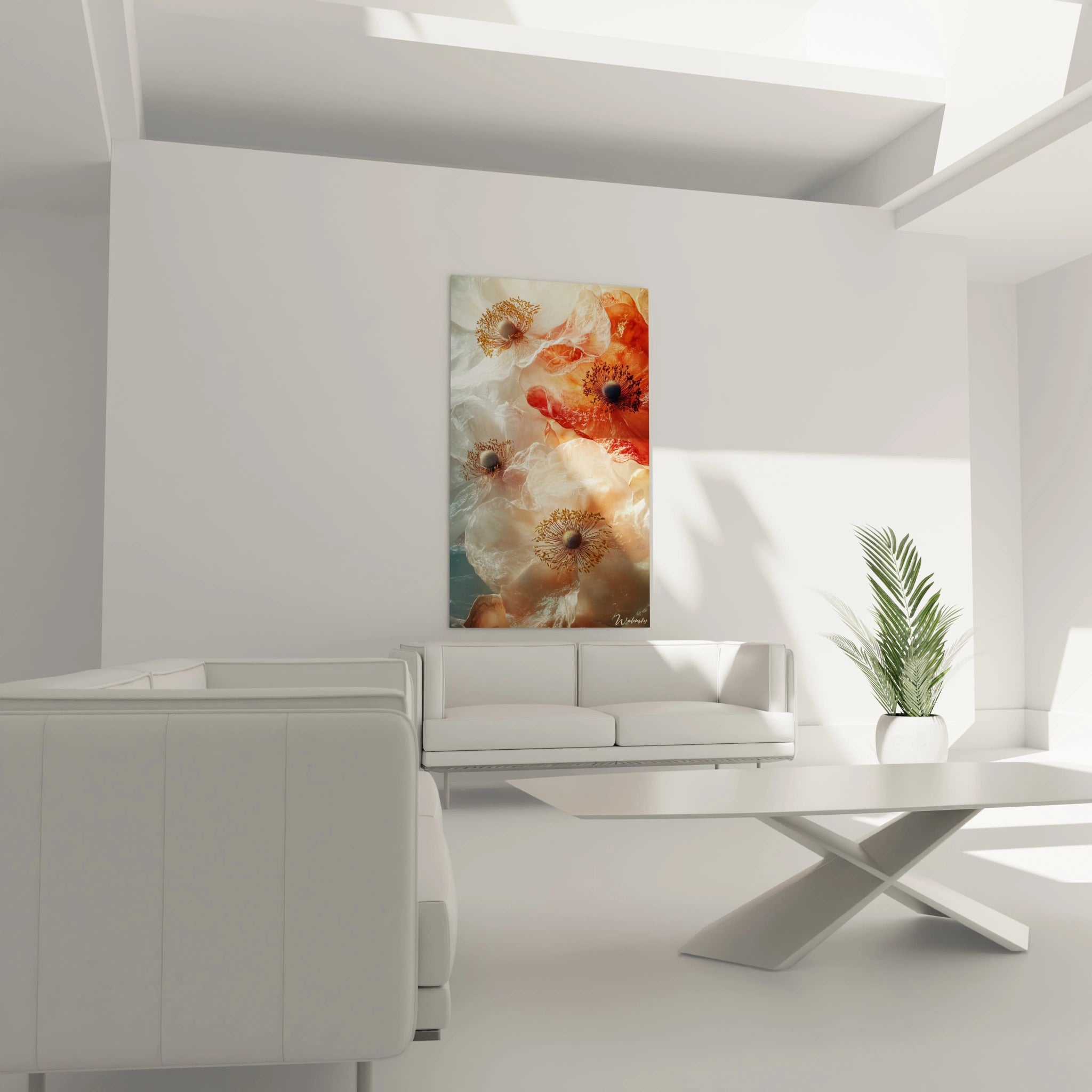 Un tableau Pavot nature mettant en scÚne des fleurs stylisées aux couleurs blanc, orange et rouge, avec des textures lisses et des contrastes lumineux accentuant la structure des pétales.