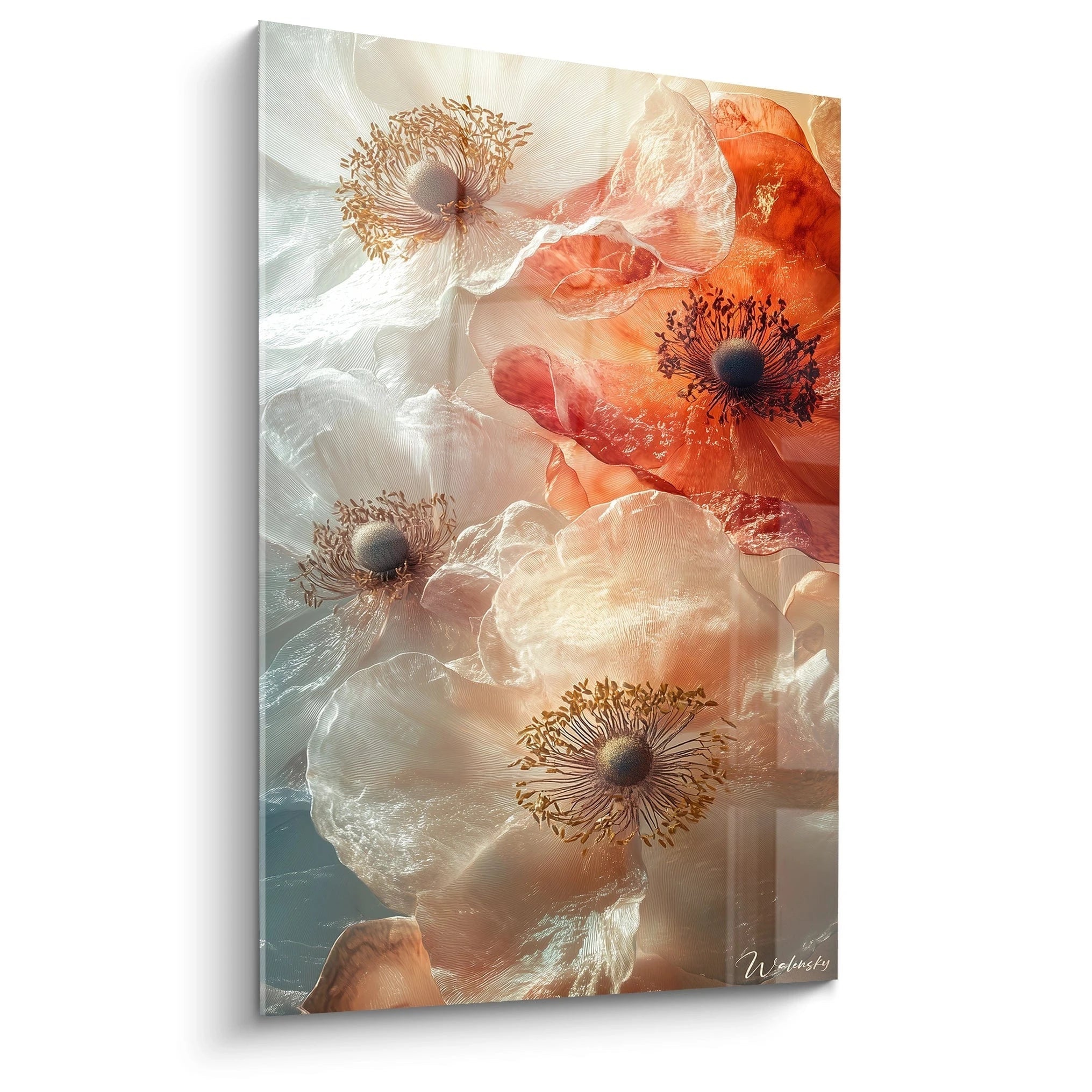 Un tableau Pavot nature représentant de grandes fleurs aux pétales translucides, avec des teintes de blanc, orange et rouge, mettant en avant des textures légÚres et des reflets lumineux.