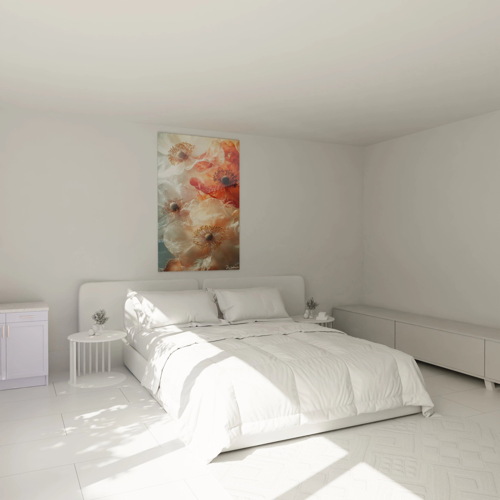 Un tableau Pavot nature illustrant des pavots aux pétales fins et ondulés, avec des couleurs dominantes de blanc, rouge et orange, jouant sur la transparence et des effets de lumiÚre subtils.