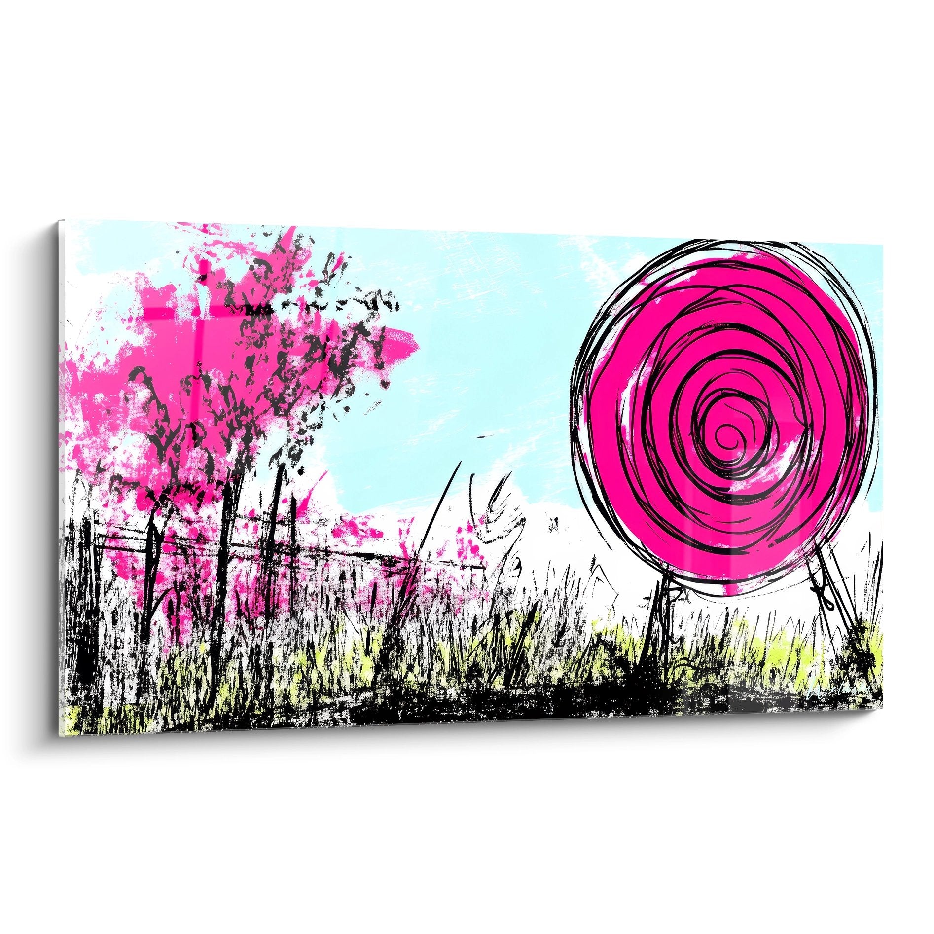 Tableau mural dessin paysage abstrait avec explosion florale rose et spirale géométrique sur fond bleu cyan