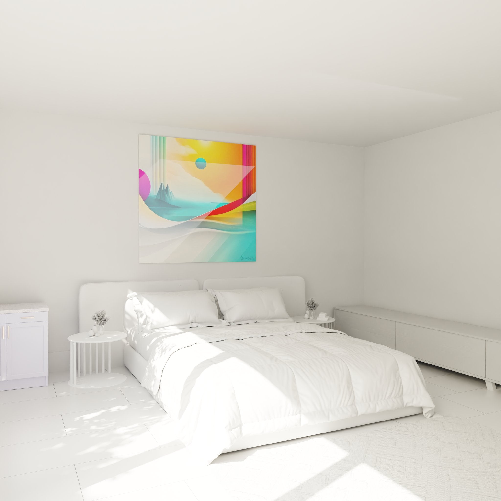 Tableau paysage abstrait futuriste décorant une chambre moderne avec ambiance colorée apaisante