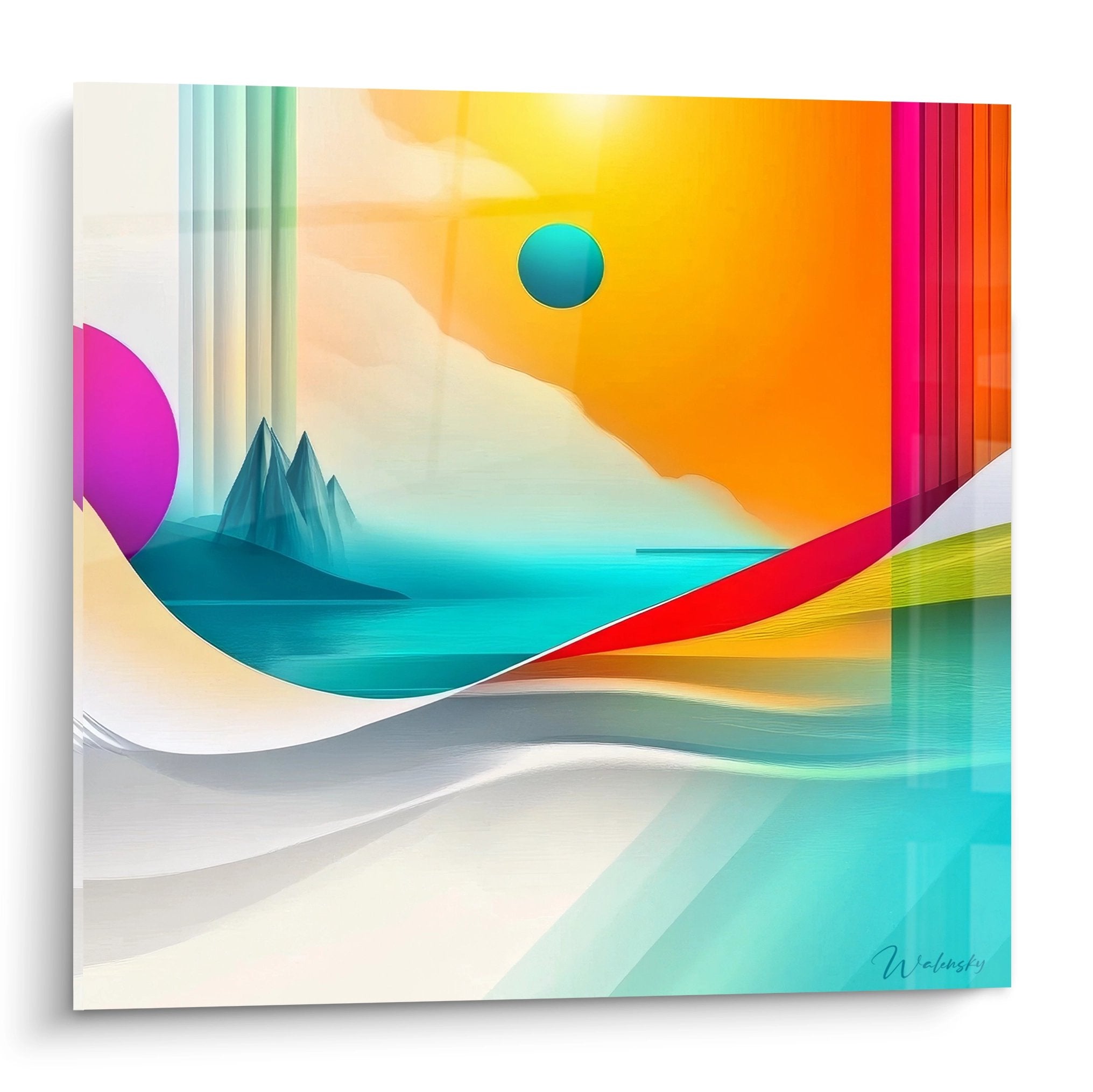 Tableau paysage abstrait futuriste multicolore avec montagnes cristallines et horizon digital moderne