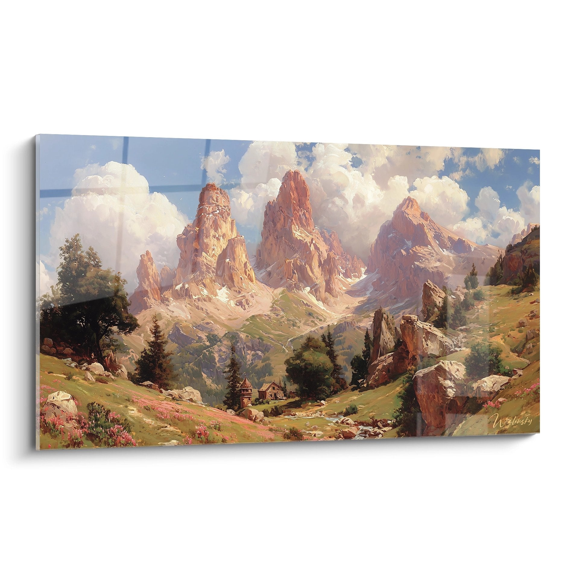 Tableau mural paysage alpin vallée Dolomites pics rocheux chalets traditionnels art montagne décoratif