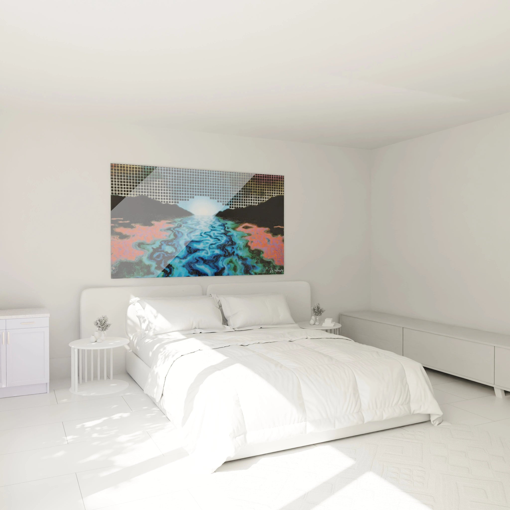Tableau mural Walensky tableau op art paysage aquatique au dessus d un lit blanc dans une chambre minimaliste