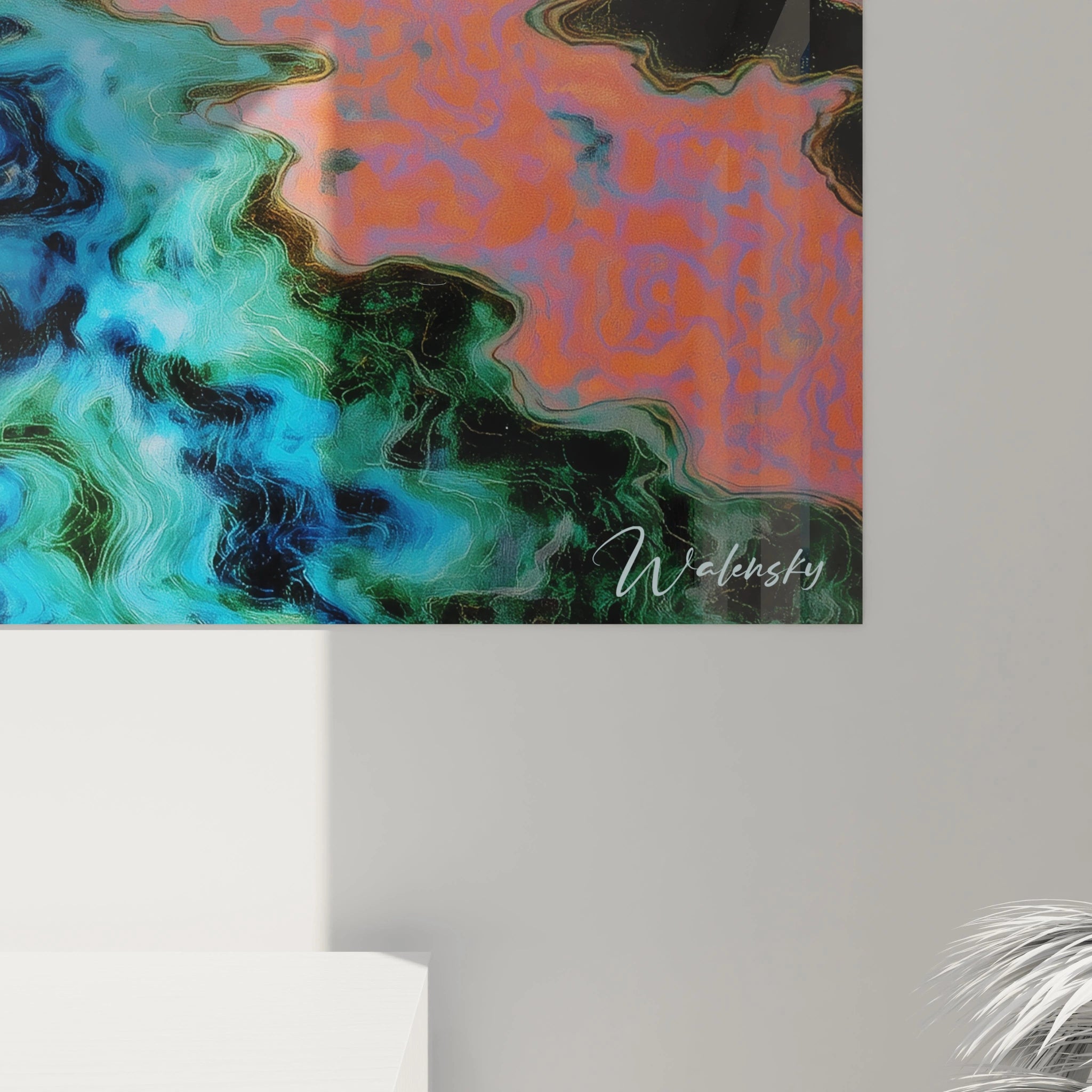 Tableau mural Walensky avec tableau op art paysage aquatique abstrait turquoise corail noir signature visible