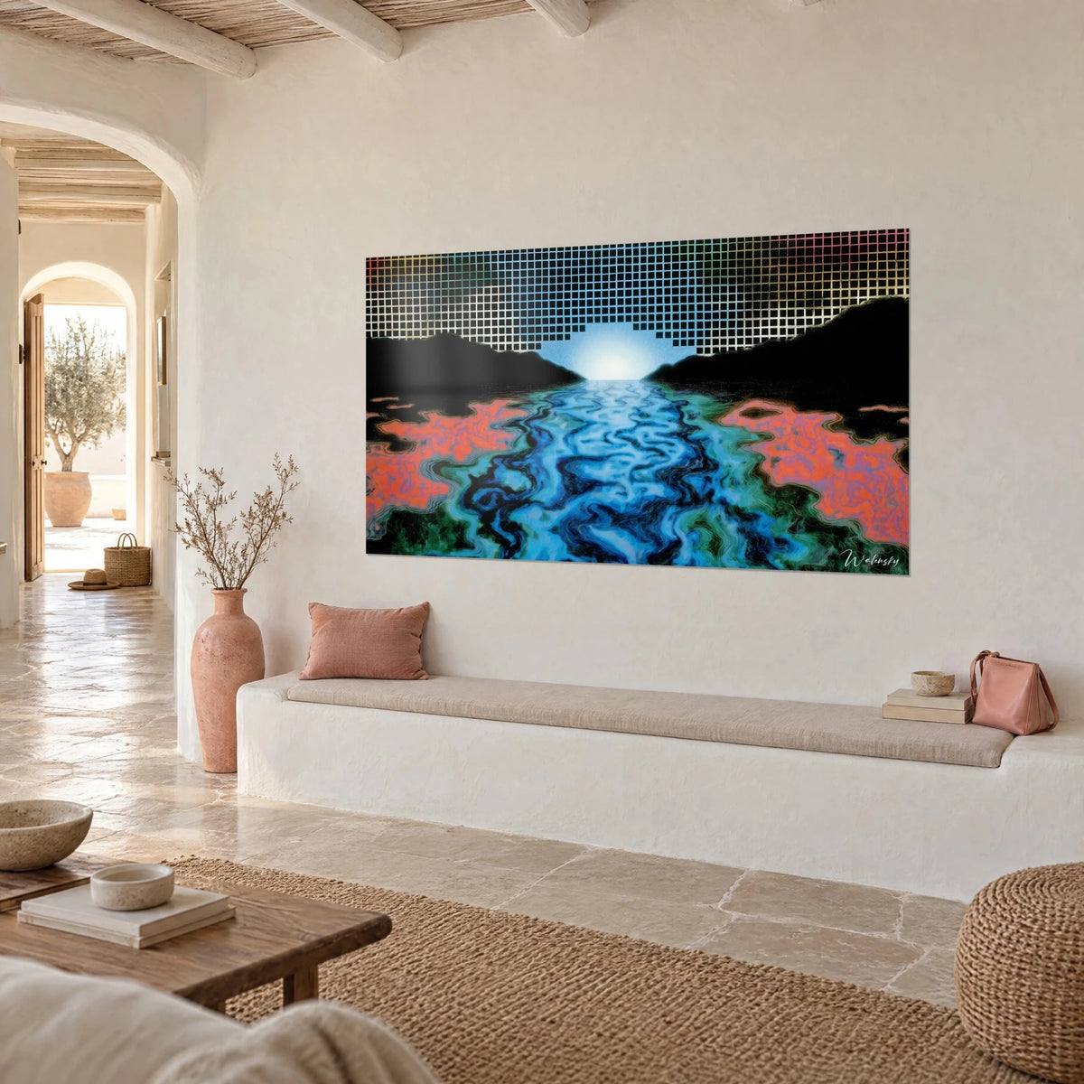 Wall art river landscape with blue and green meanders, black hills and white sun behind a grid, white wall of a Mediterranean house