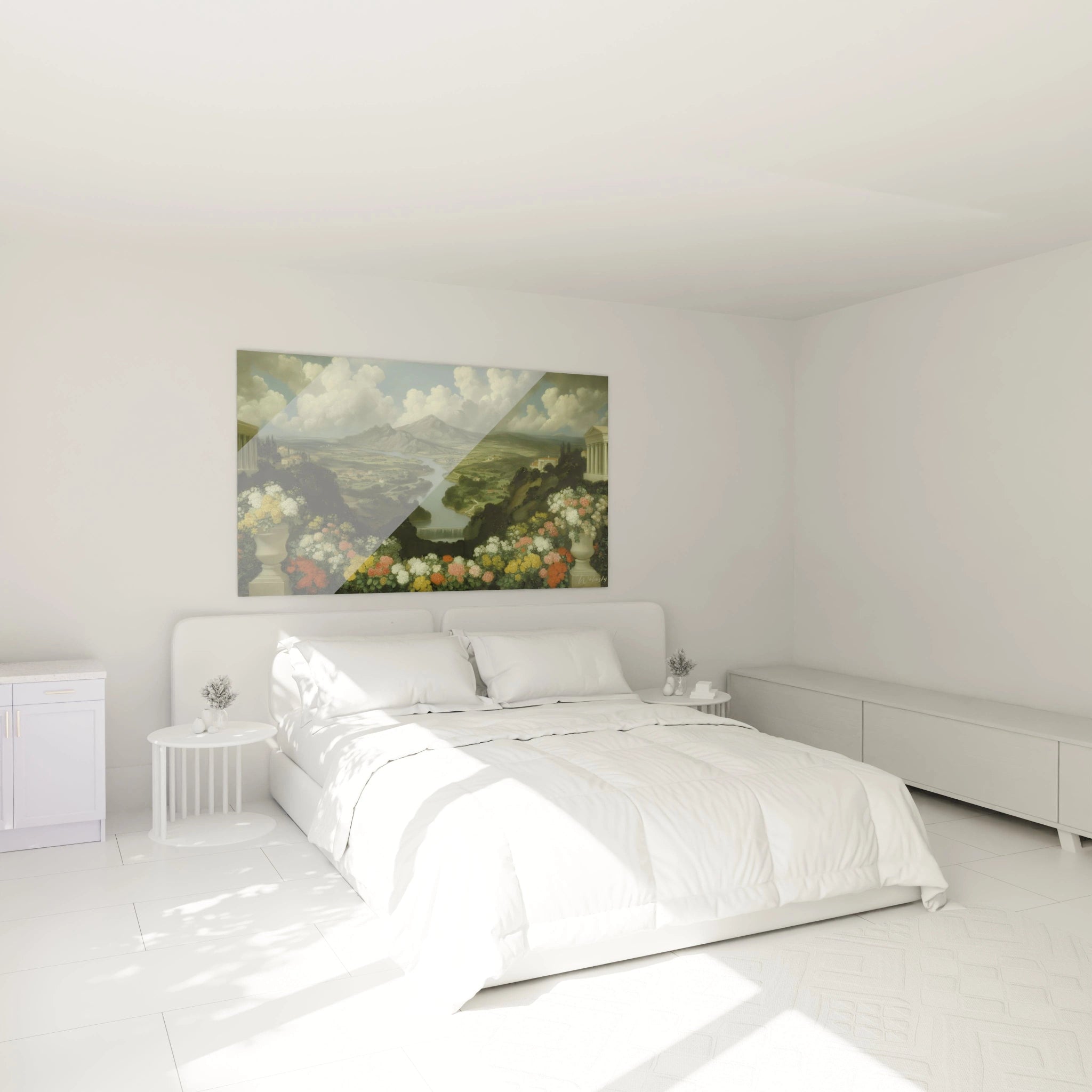 Walensky tableau paysage néo classique mural placé au dessus du lit blanc dans une chambre minimaliste et lumineuse