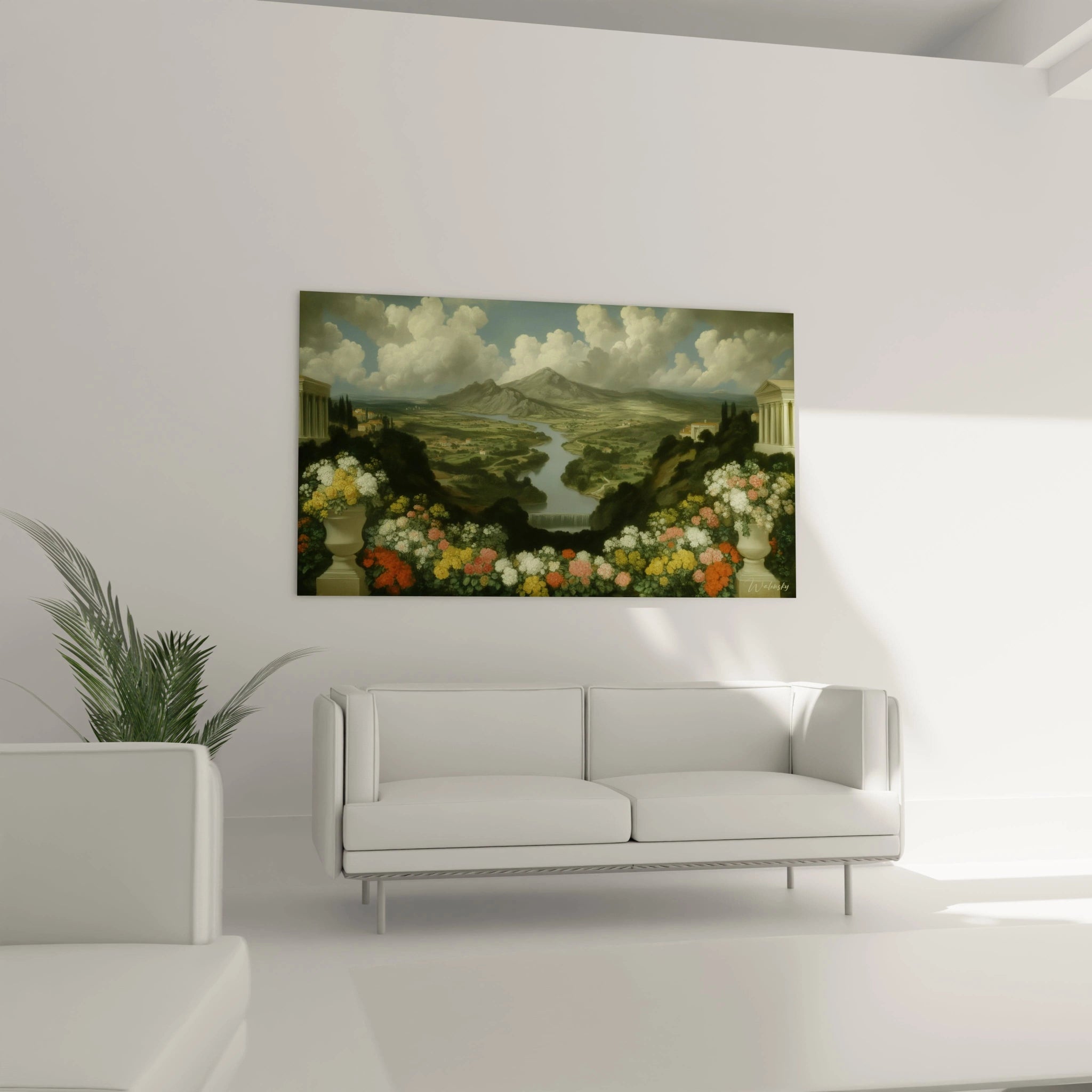 tableau paysage néo classique Walensky représentant vallée rivière et jardin fleuri pour décoration salon moderne