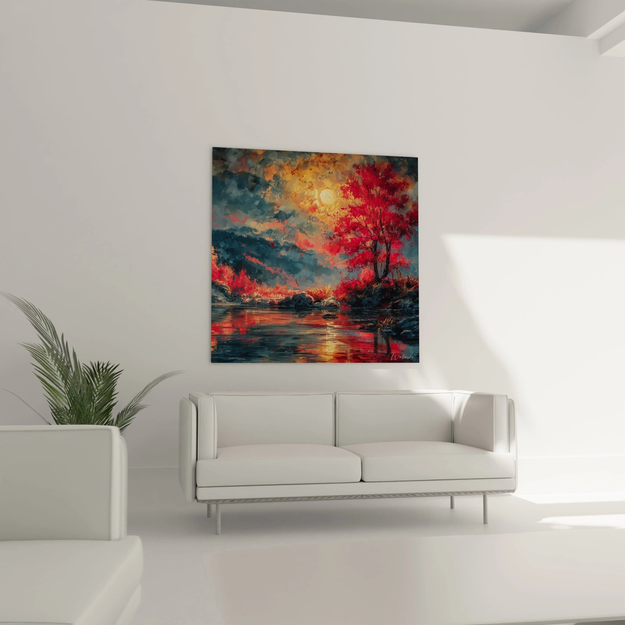 Walensky tableau paysage automnal gothique peinture murale carrée avec arbres rouges et reflet lunaire sur lac