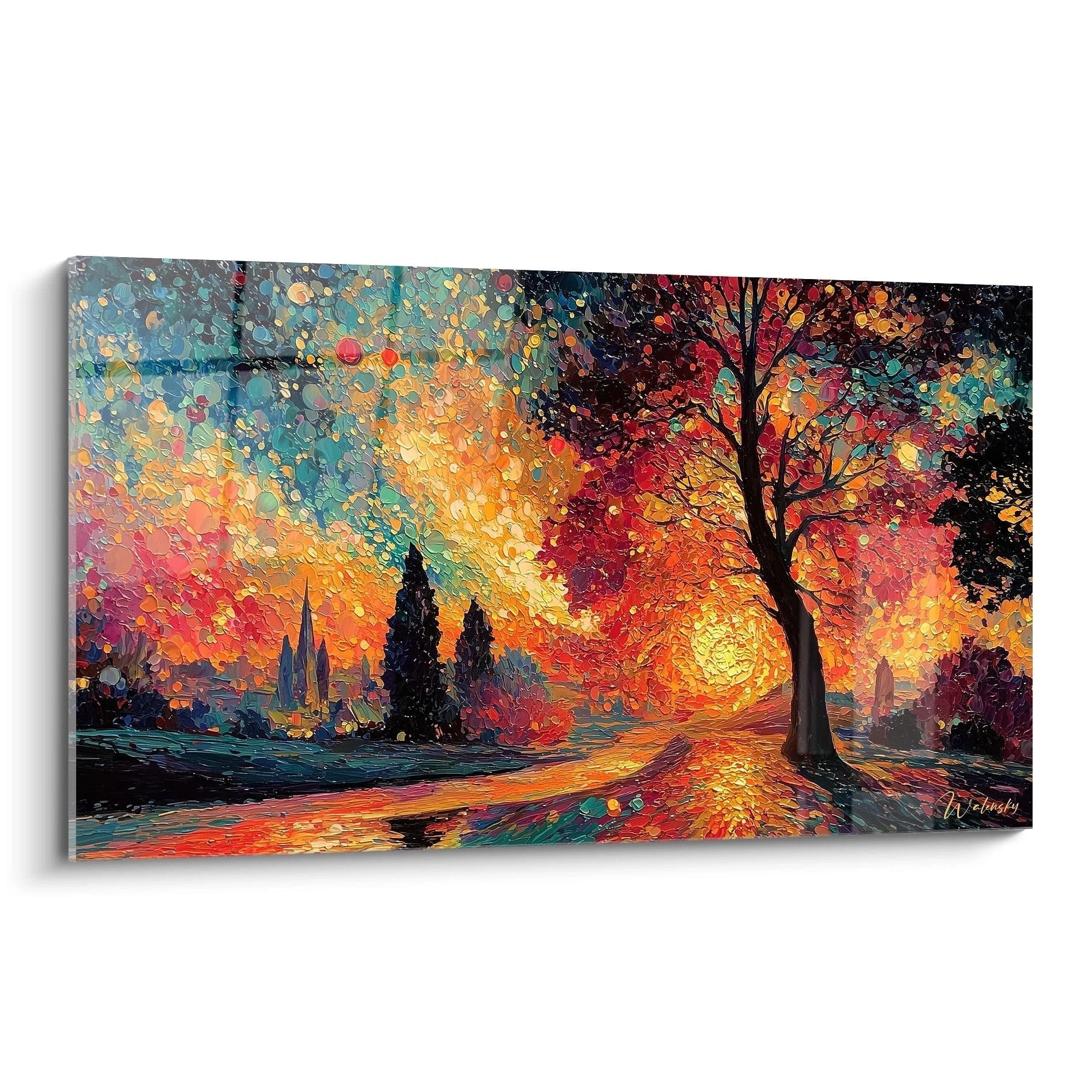 Tableau mural Walensky tableau paysage automnal pointillisme peinture sur toile arbre chemin au coucher de soleil couleurs vives