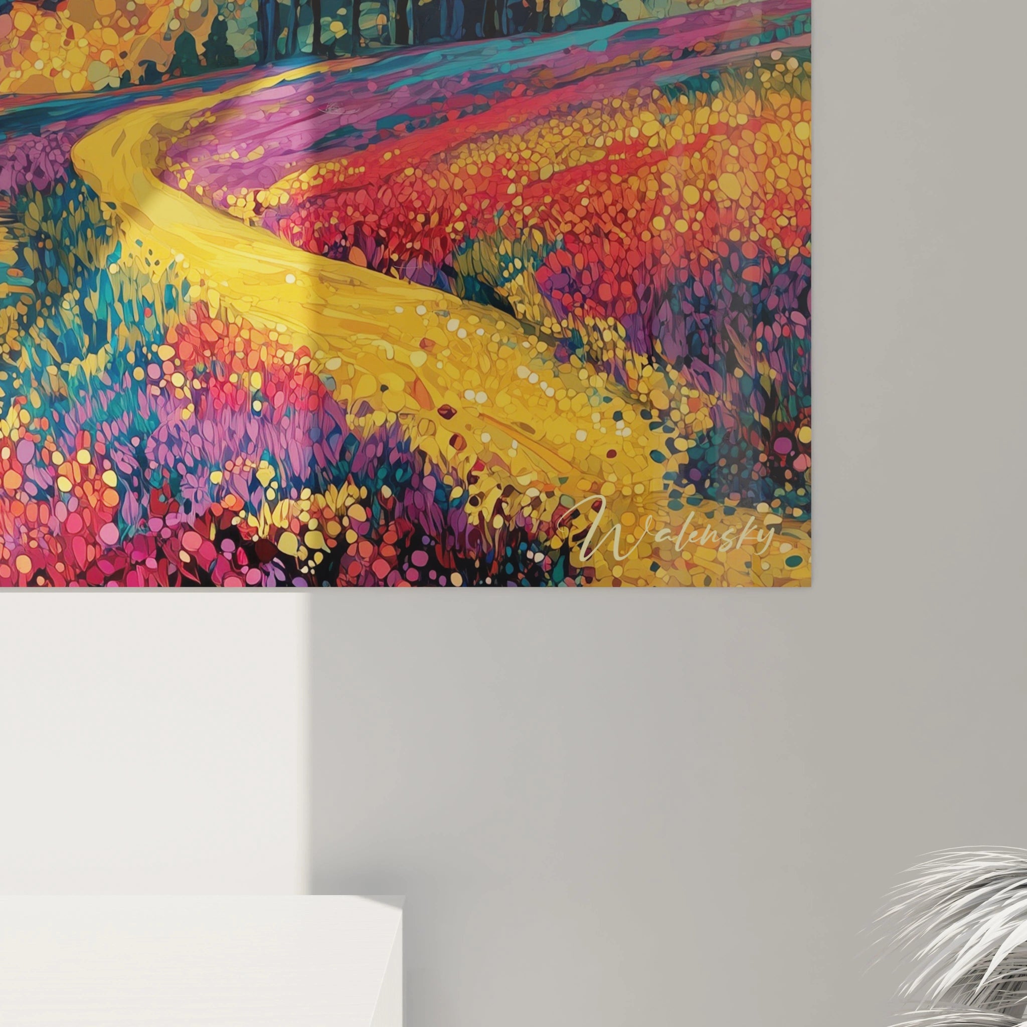 tableau paysagiste automnal pointillisme Walensky représentant chemin jaune sinueux dans prairie colorée