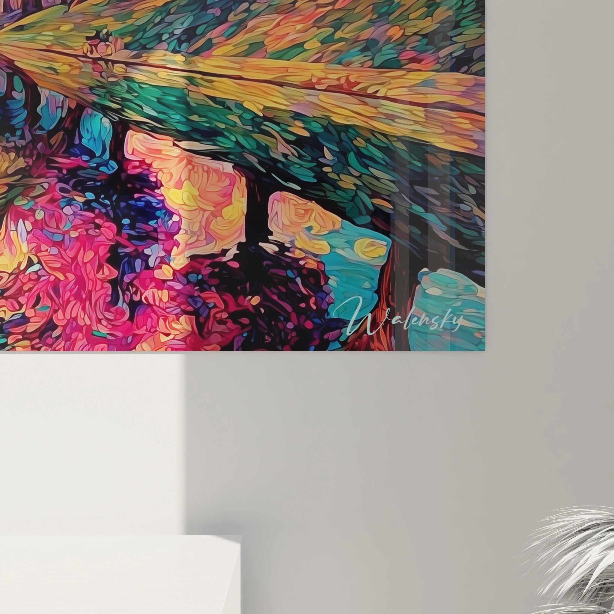 Tableau mural Walensky abstrait en blocs colorés texturés accroché au mur tableau paysage automnal pointillisme