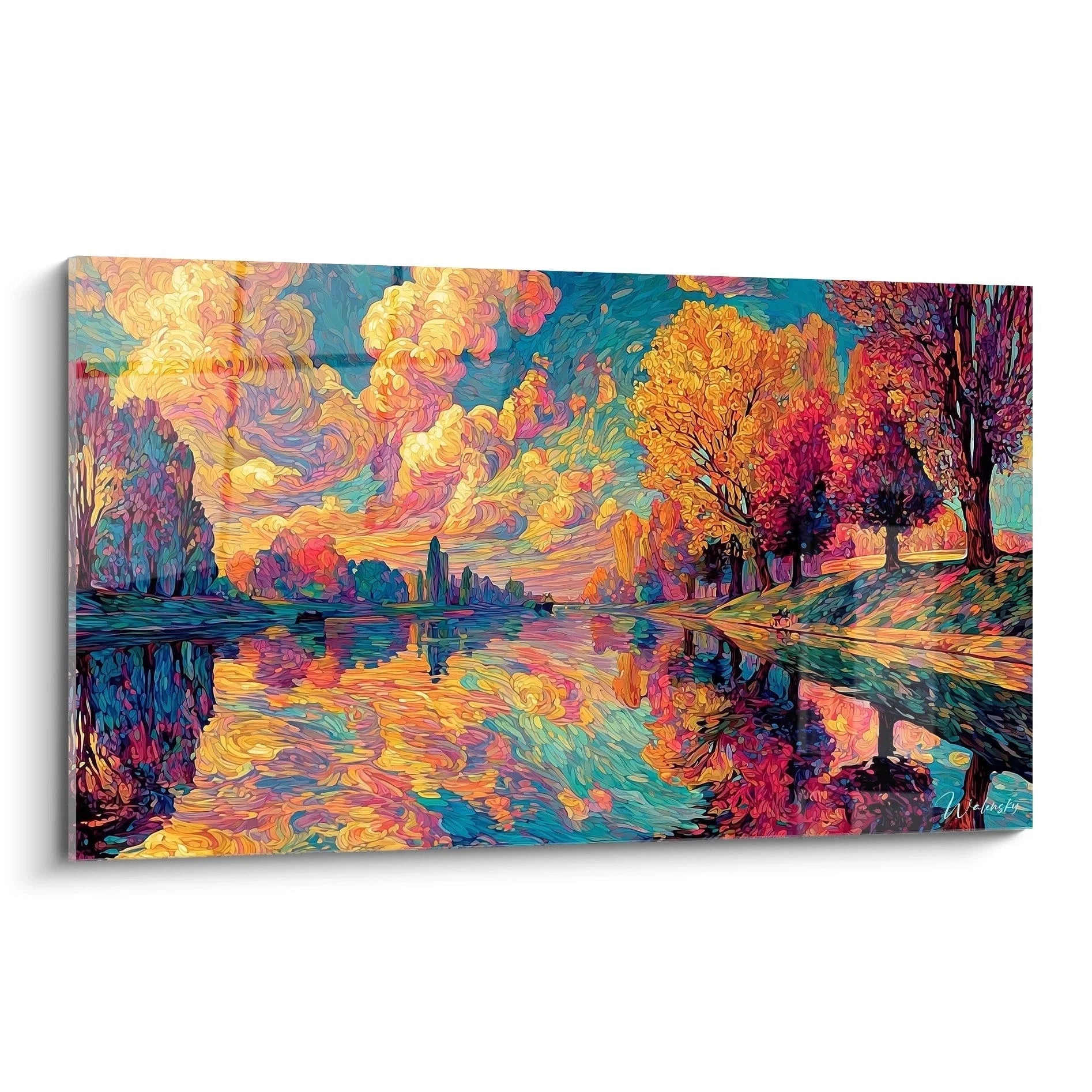 Tableau mural Walensky tableau paysage automnal pointillisme aux couleurs vives avec reflet sur la surface du lac