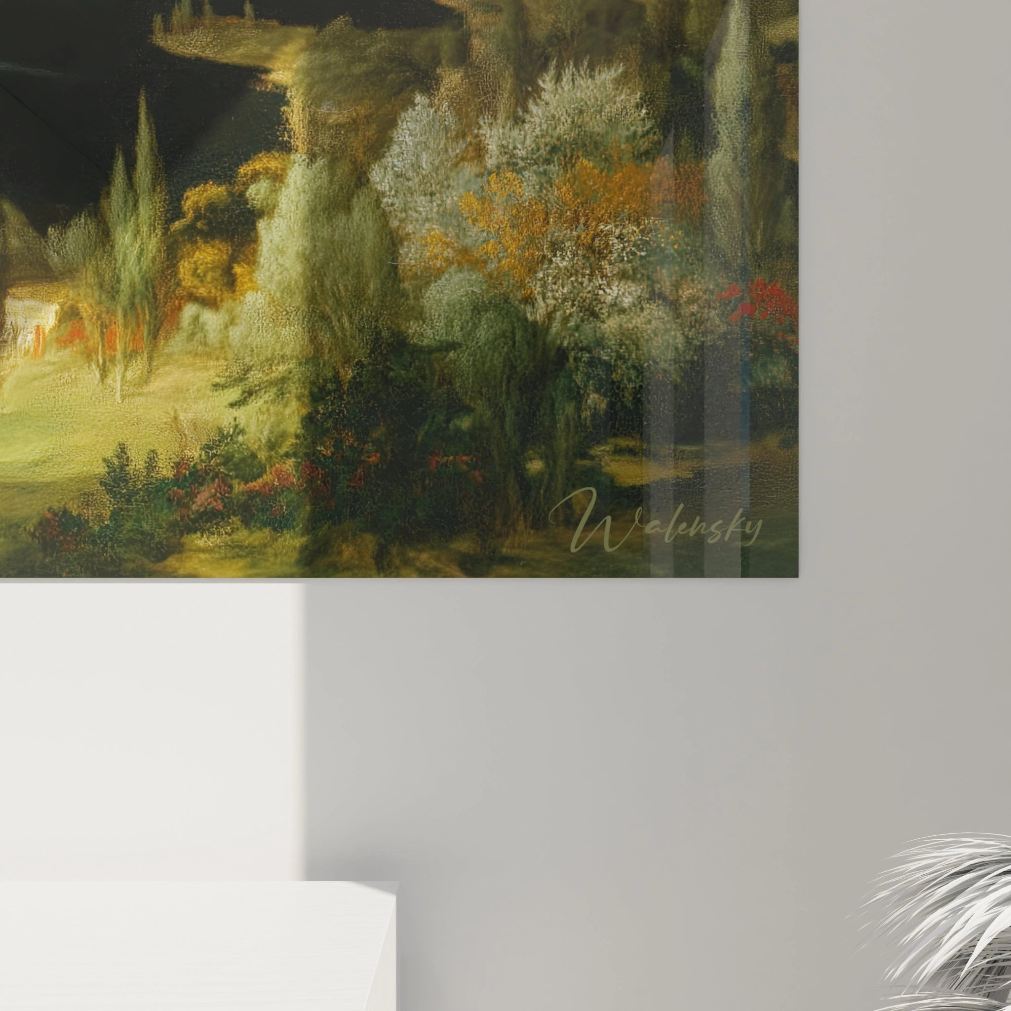 Tableau néo classique paysage Walensky mural, paysage bucolique peint, feuillage dense et signature visible