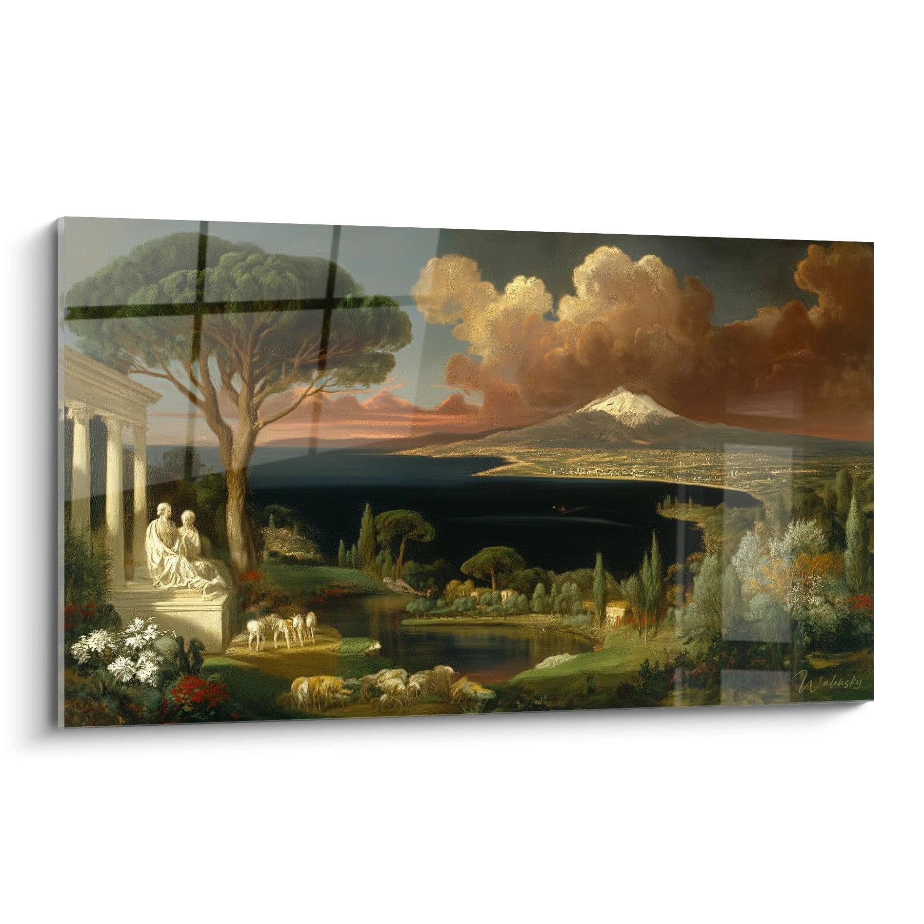 tableau néo classique paysage mural Walensky montrant un rivage montagneux temple antique statues et troupeau