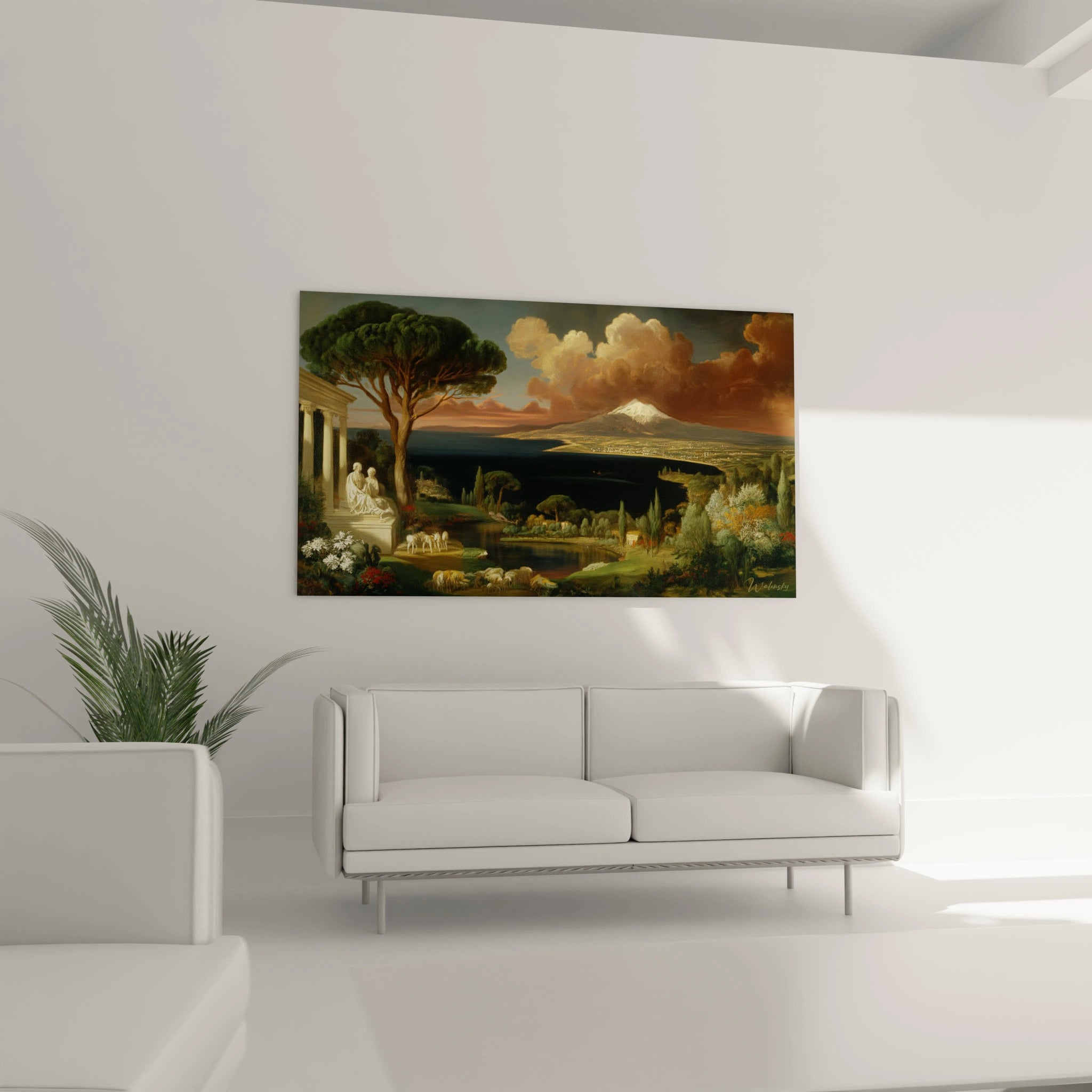 tableau néo classique paysage Walensky peinture murale représentant un paysage romantique avec temple antique et volcan