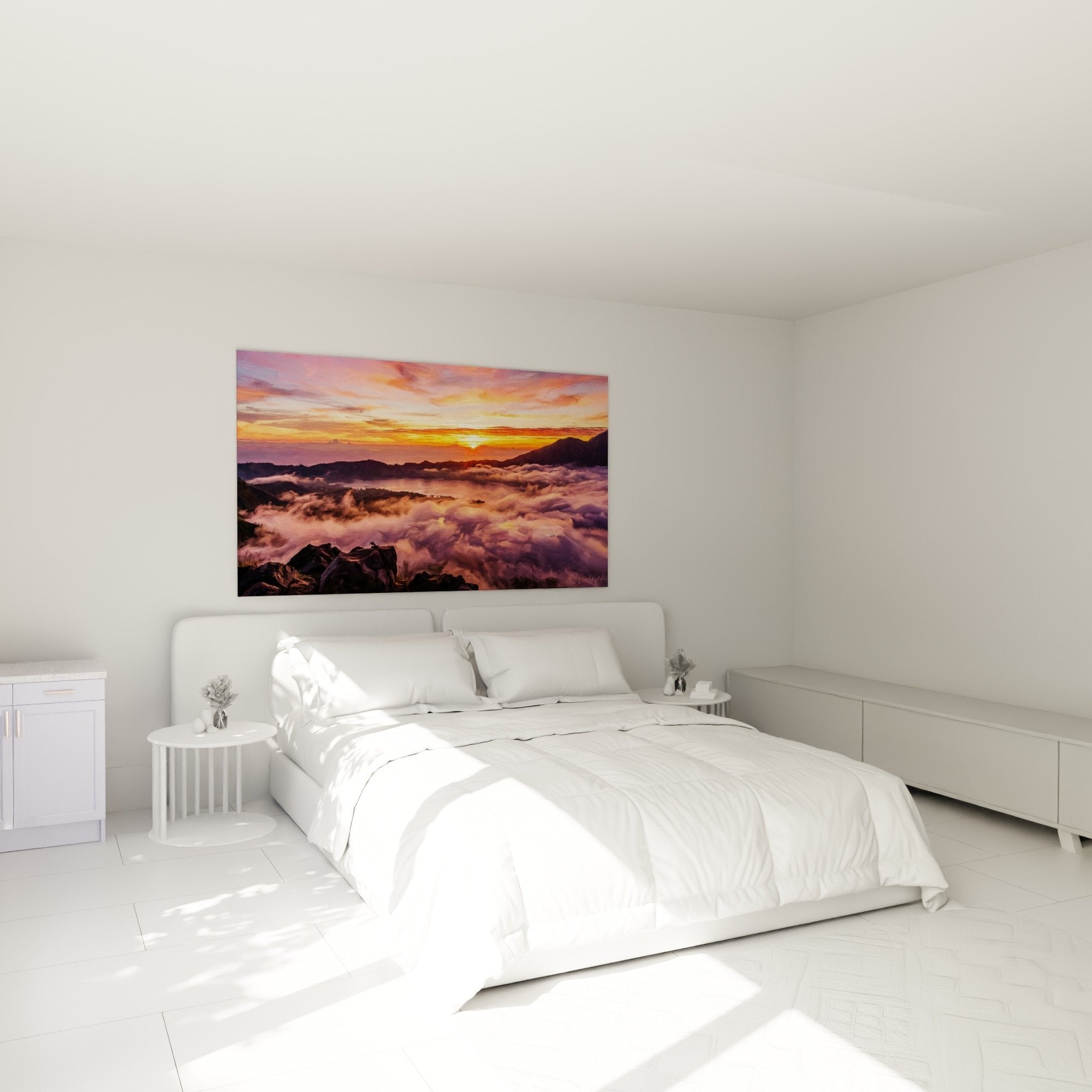 Volcanic landscape wall art Bali pink clouds modern bedroom zen wall decoration