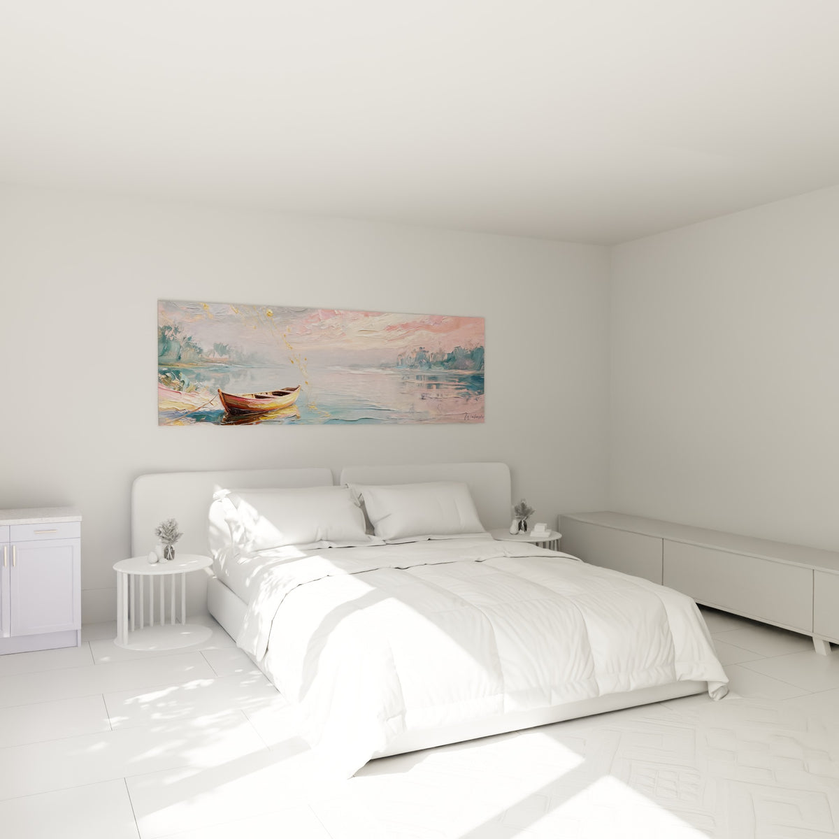 Embarcation dorée sur eau rosée peinte en empâtements, au-dessus d'un lit dans une chambre claire