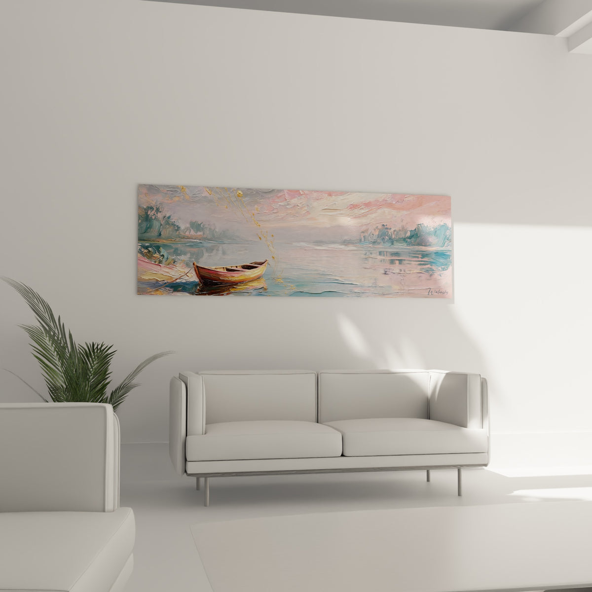Petit bateau ocre voguant sur des reflets bleu gris, au-dessus d'un canapé dans un salon lumineux