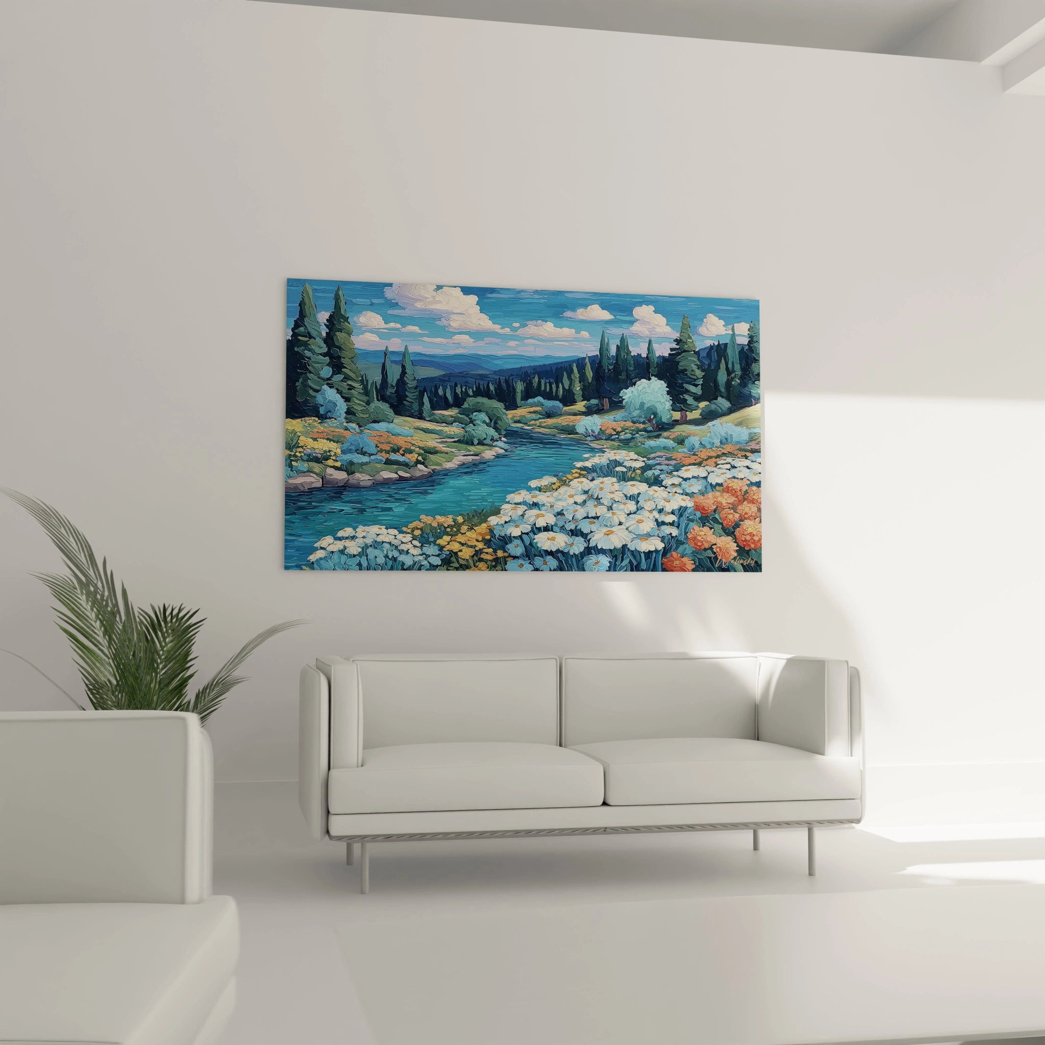 tableau paysage été Walensky montrant une rivière, prairies fleuries et pins, décor mural pour salon lumineux