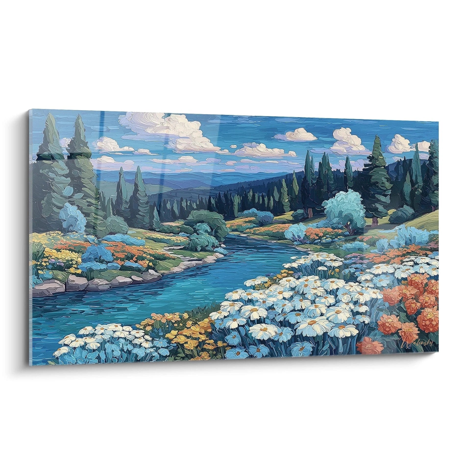 Walensky tableau paysage été mural représentant rivière champs de fleurs pins et ciel bleu