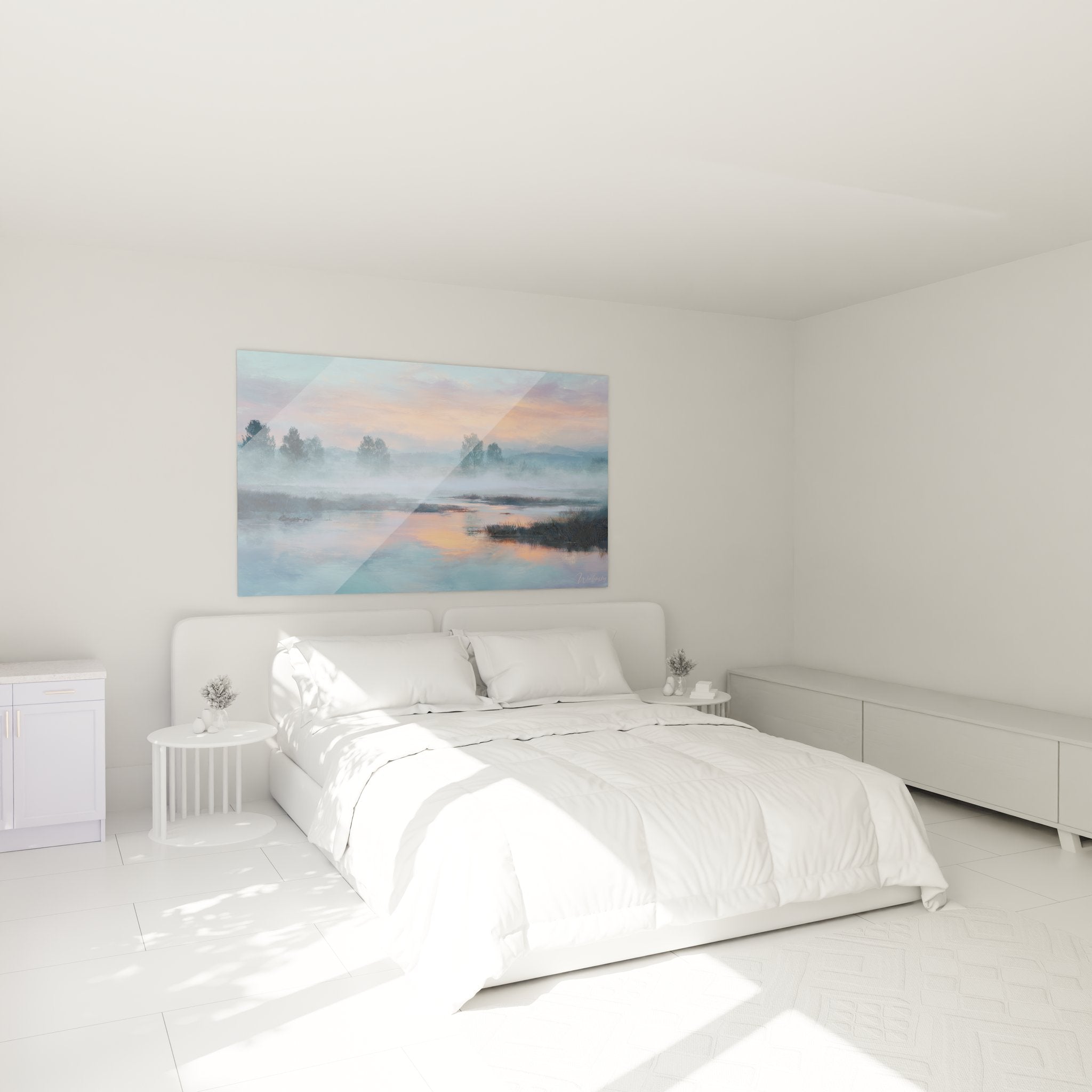 Tableau mural paysage brumeux ambiance chambre décoration campagne coucher soleil