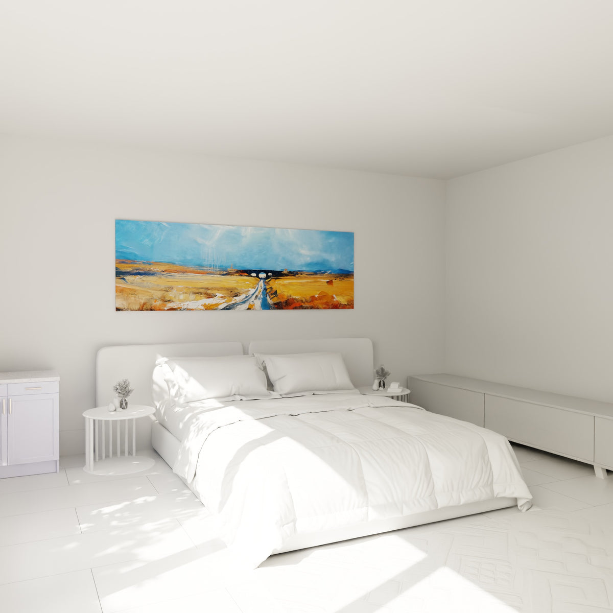 Paysage ocre et bleu au chemin sinueux, accroché au-dessus d'un lit dans une chambre claire