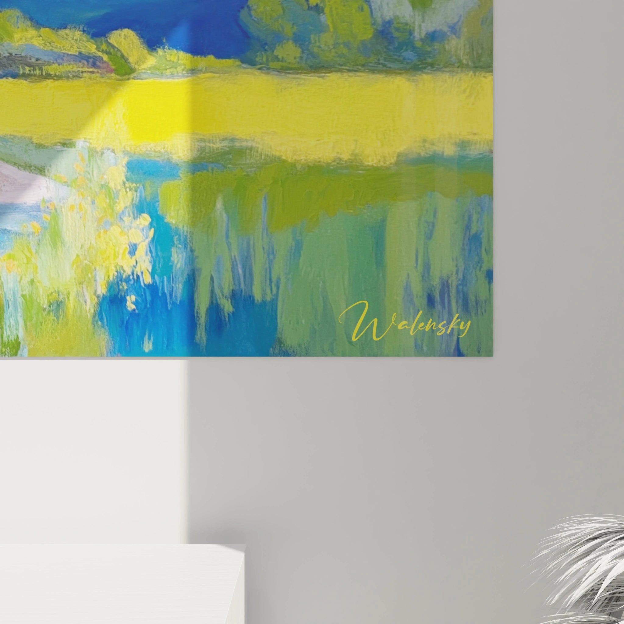 tableau impressionnisme paysage campagne Walensky en bleu vert et jaune toile murale signee decor interieur lumineux