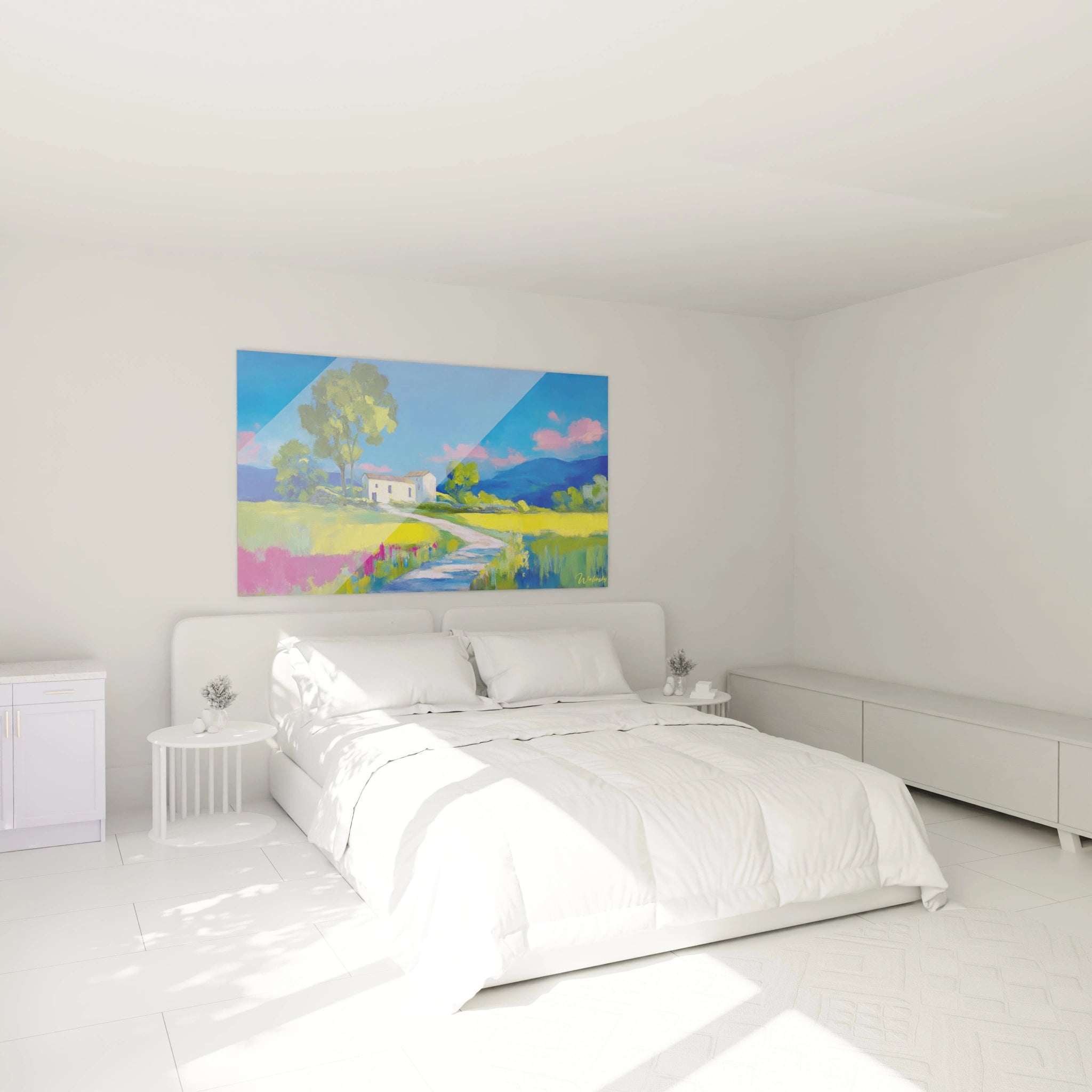 Walensky tableau mural colore au dessus d un lit minimaliste montrant tableau impressionnisme paysage campagne apaisant