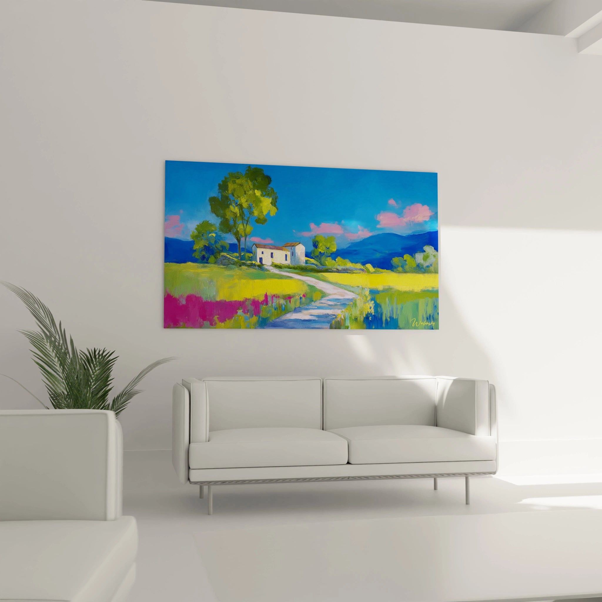 Walensky tableau mural tableau impressionnisme paysage campagne coloré avec maison chemin et grands arbres