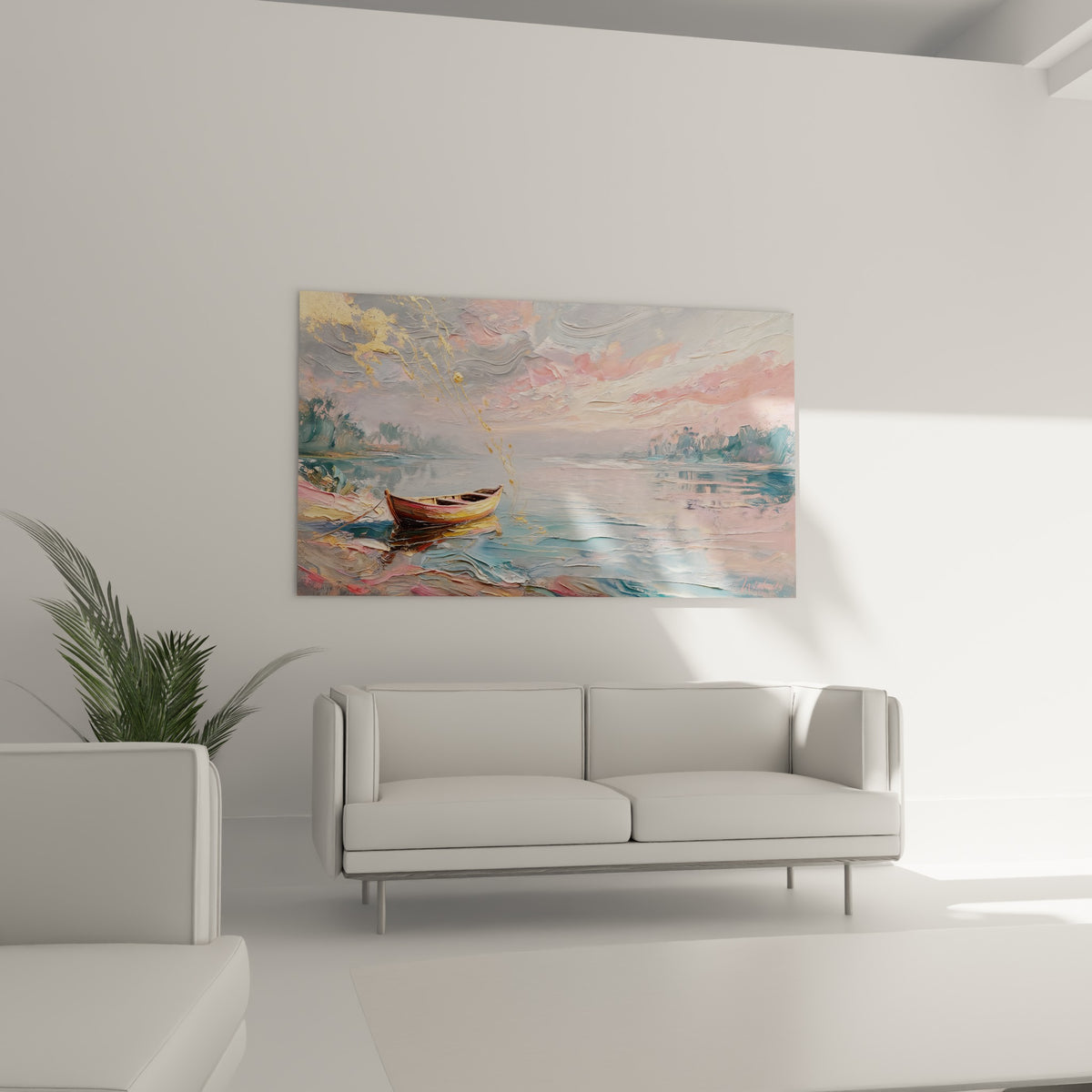 Ciel rosé et barque solitaire sur une rive dorée, accrochés au-dessus d'un canapé dans un salon lumineux