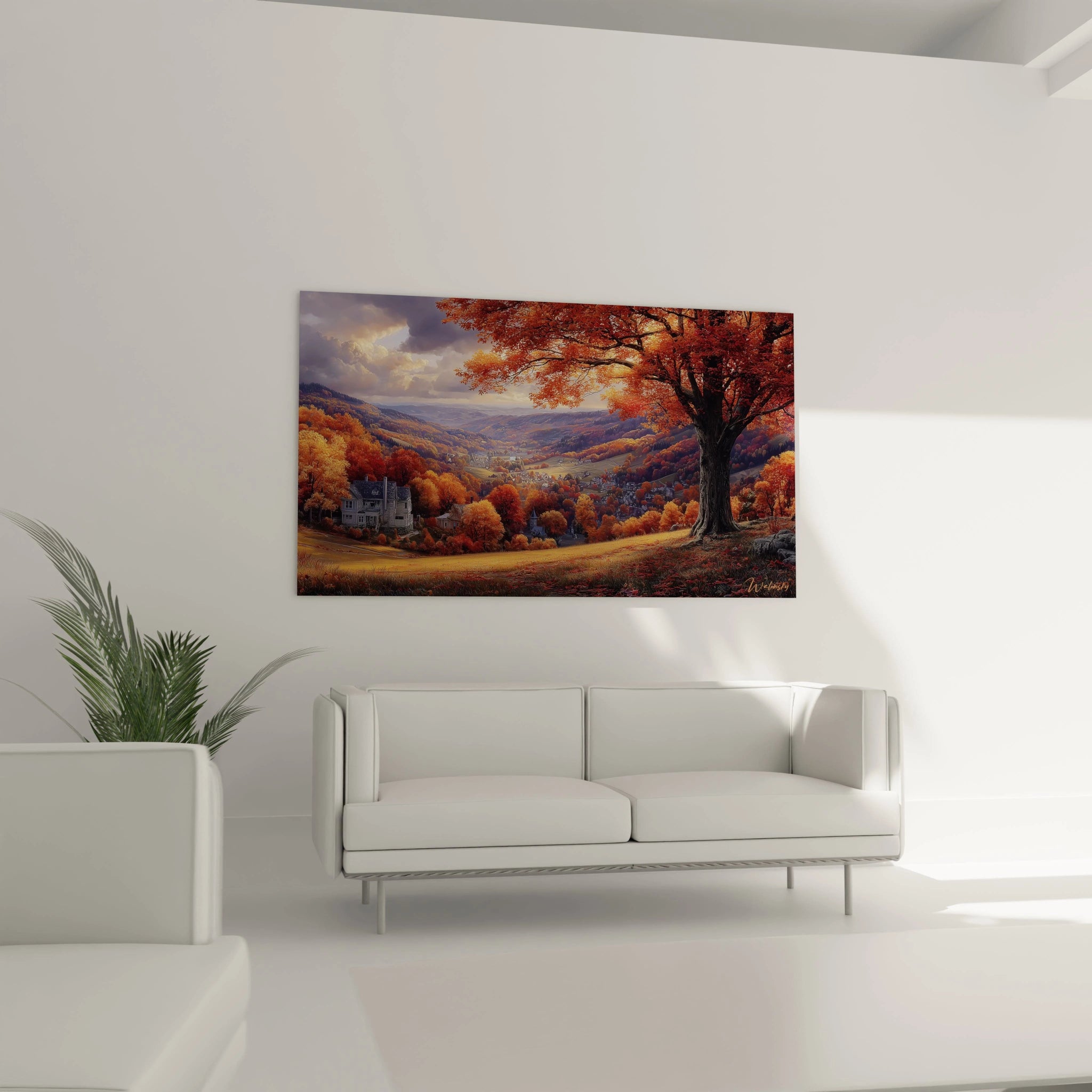 Walensky tableau paysage automne mural avec grand arbre rouge orangé vallée et château décor salon minimaliste