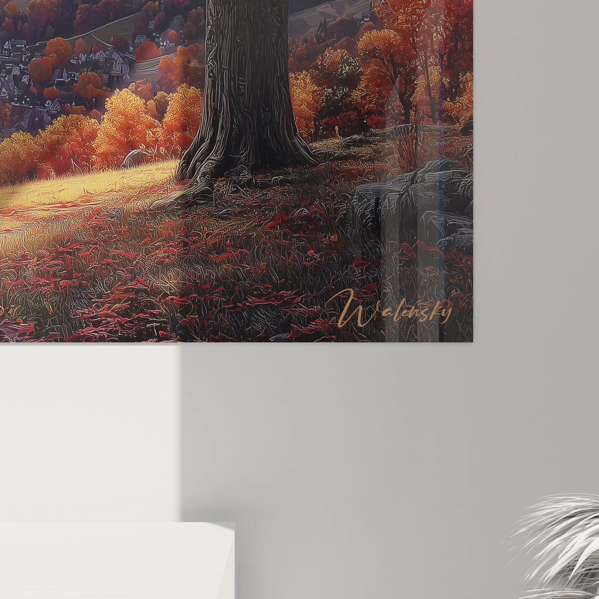 Walensky tableau paysage automne mural détaillé arbre au premier plan feuillage orange village en arrière plan