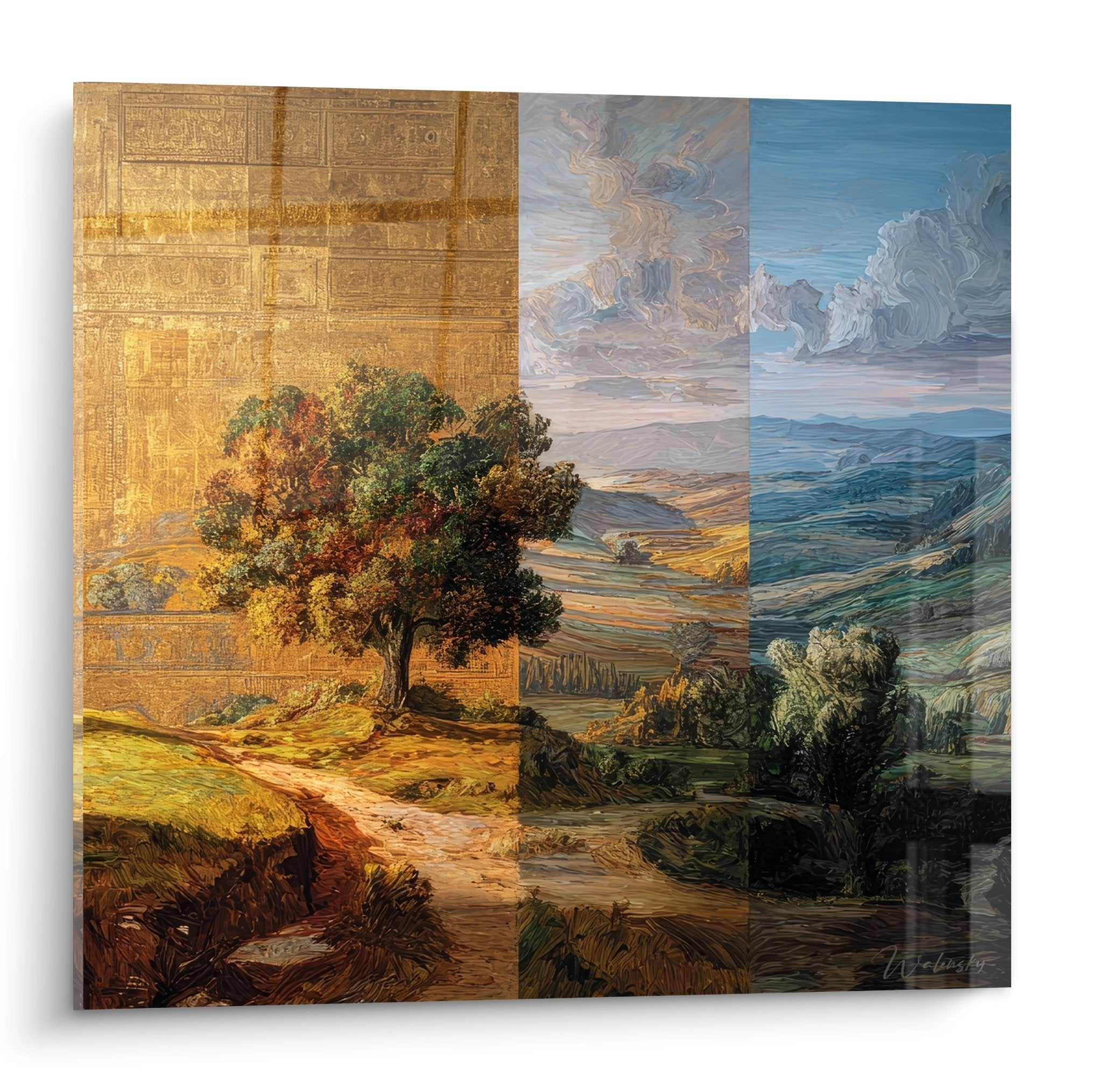 Tableau paysage composite automnal doré et bleu avec arbre et montagne décoratif mural