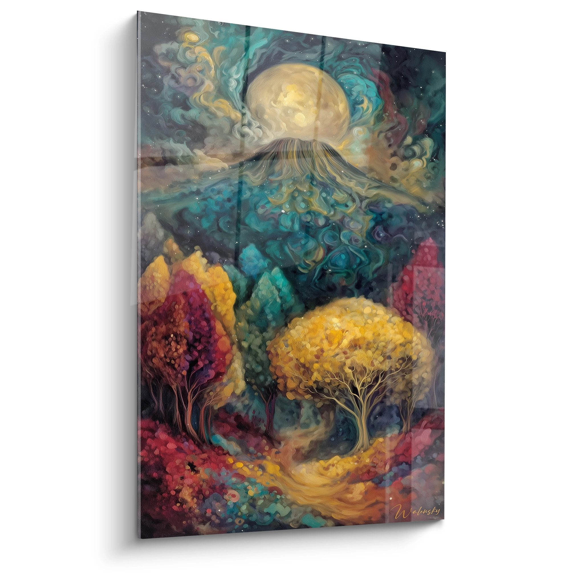 Tableau mural paysage cosmique avec lune dorée, arbres colorés et atmosphère fantastique - édition Montagne