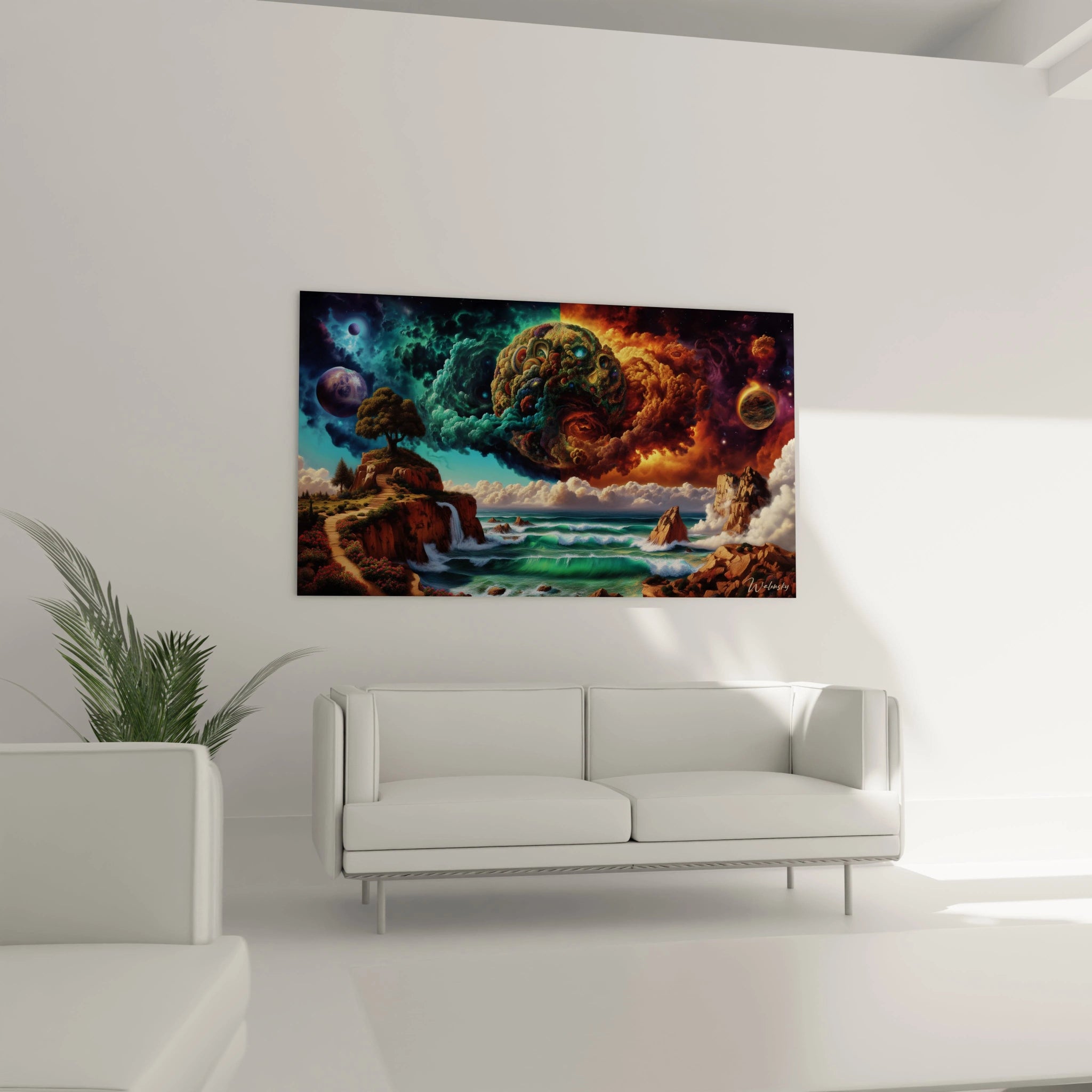 Tableau mural Walensky montrant un tableau surréaliste paysage cosmique coloré avec planètes falaise et océan