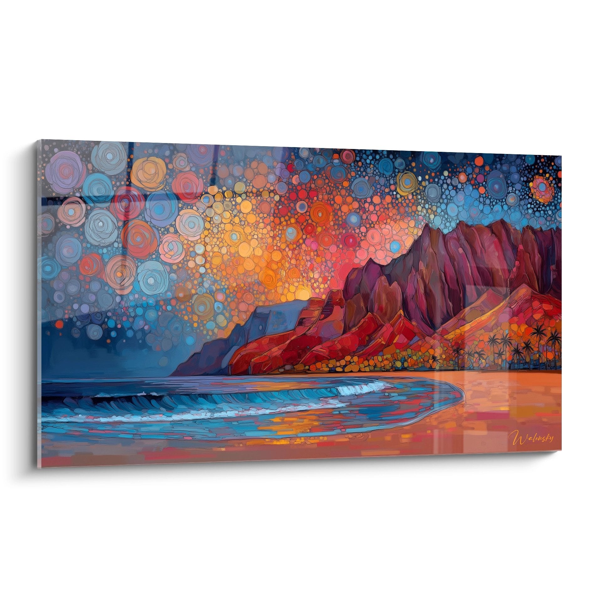 Tableau mural paysage côtier volcanique avec falaises rouges et ciel aux cercles colorés multicolores