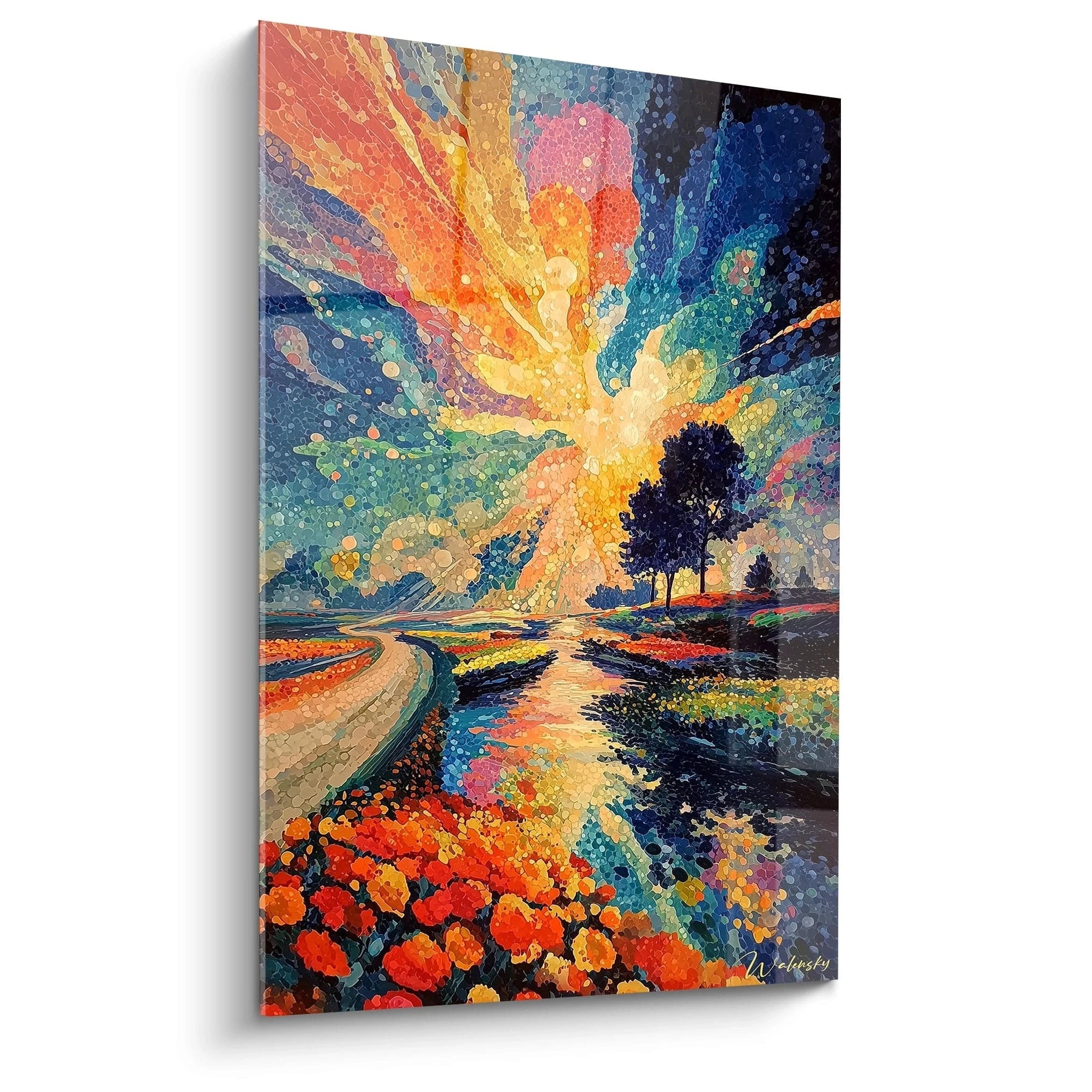 tableau paysage couchant pointillisme Walensky tableau mural coloré rivière arbres et fleurs au coucher