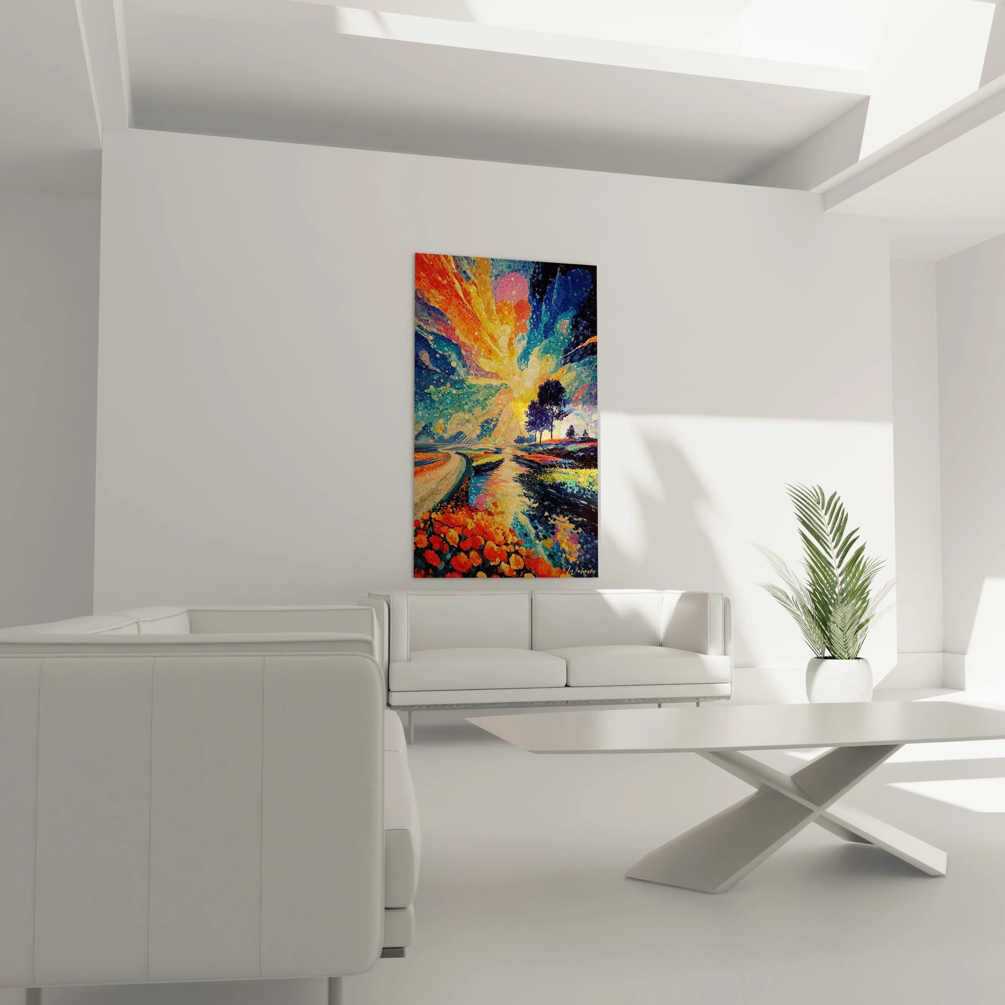 Tableau mural Walensky tableau paysage couchant pointillisme coloré au dessus du canapé blanc dans salon moderne lumineux